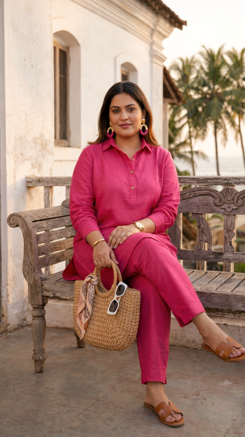 Plus Size Pink Linen Co-ord Set – Collared Kurta Top & Straight Pants