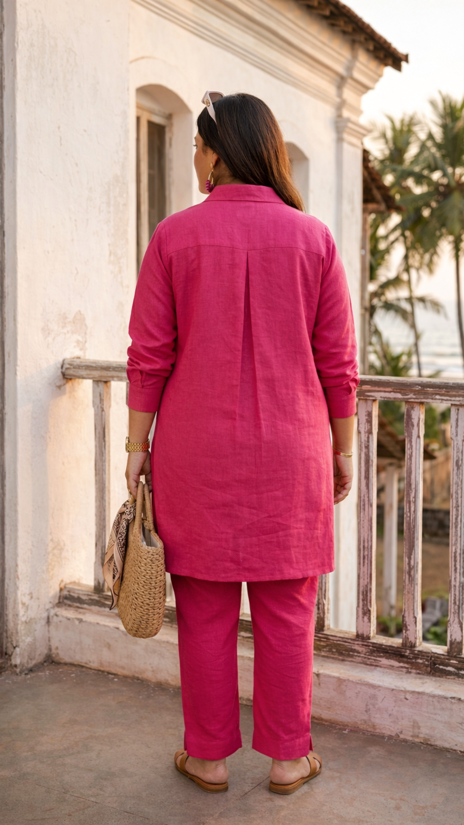 Plus Size Pink Linen Co-ord Set – Collared Kurta Top & Straight Pants