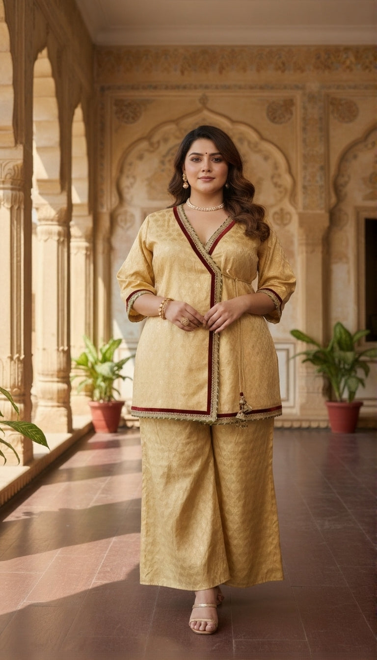 Plus Size Gold Jacquard Kurta Set with Chiffon Dupatta – Festive Ethnic Wear