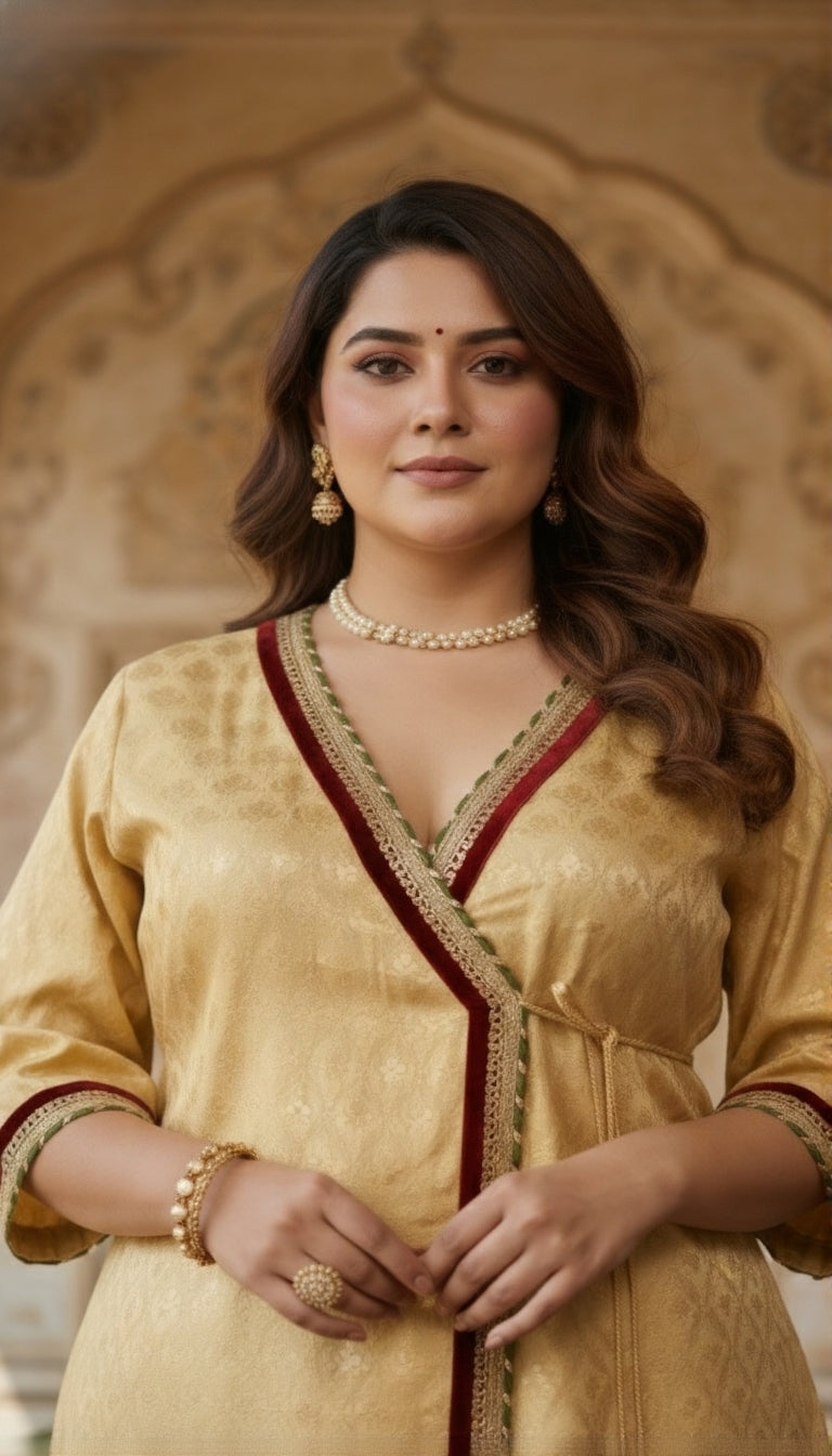 Plus Size Gold Jacquard Kurta Set with Chiffon Dupatta – Festive Ethnic Wear
