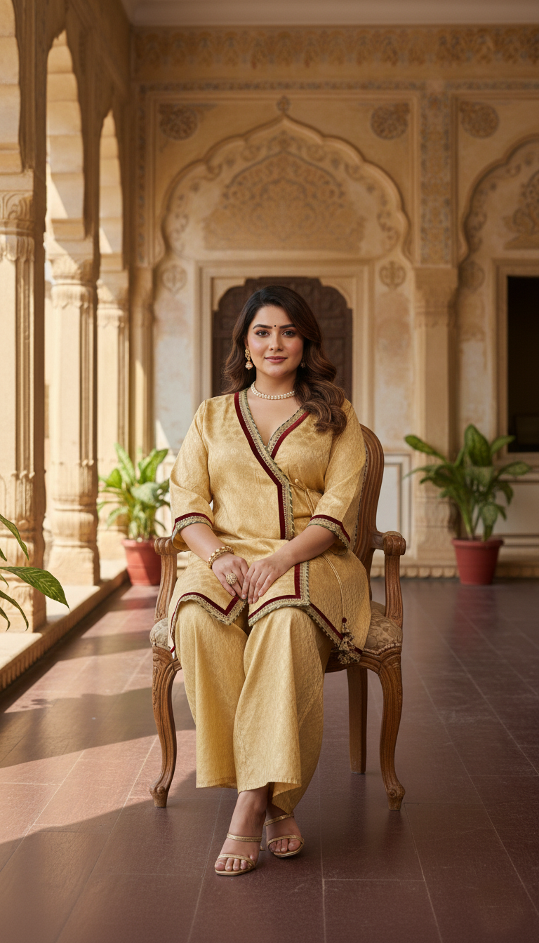 Plus Size Festive Gold Jacquard Kurta & Wide-Leg Pant Co-Ord Set