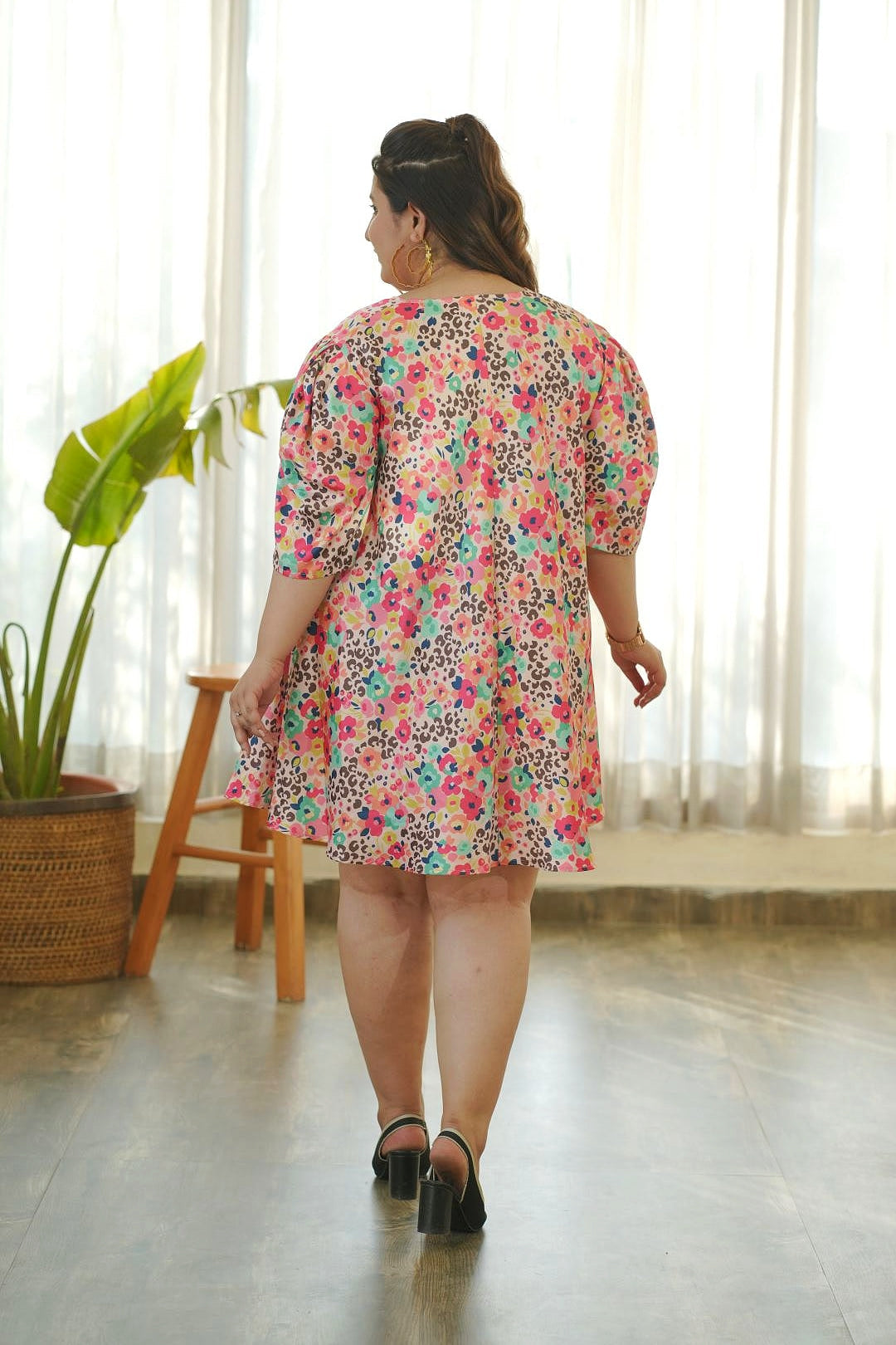 PEACH MODAL DIGITAL PRINT SATIN SHORT DRESS