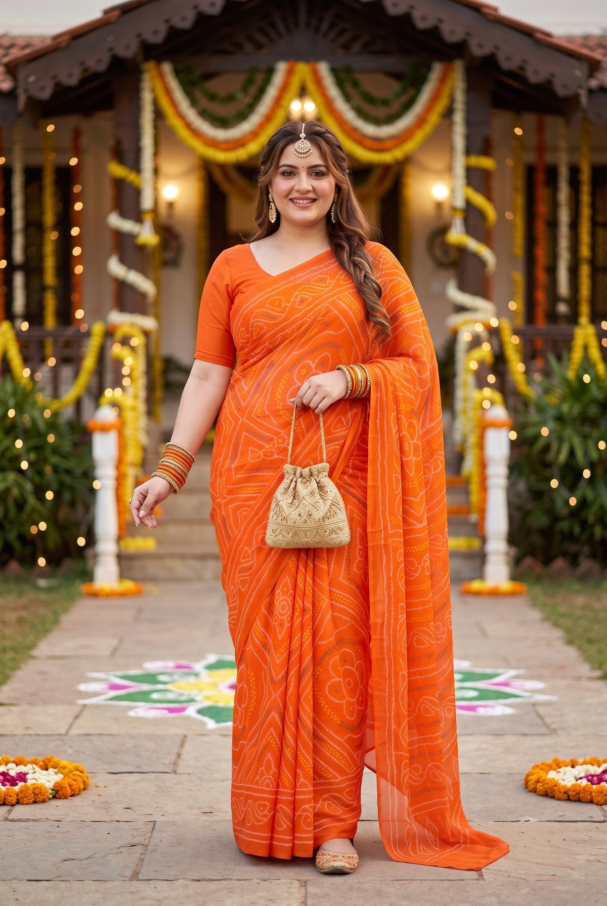 Vibrant Orange Bandhani Saree