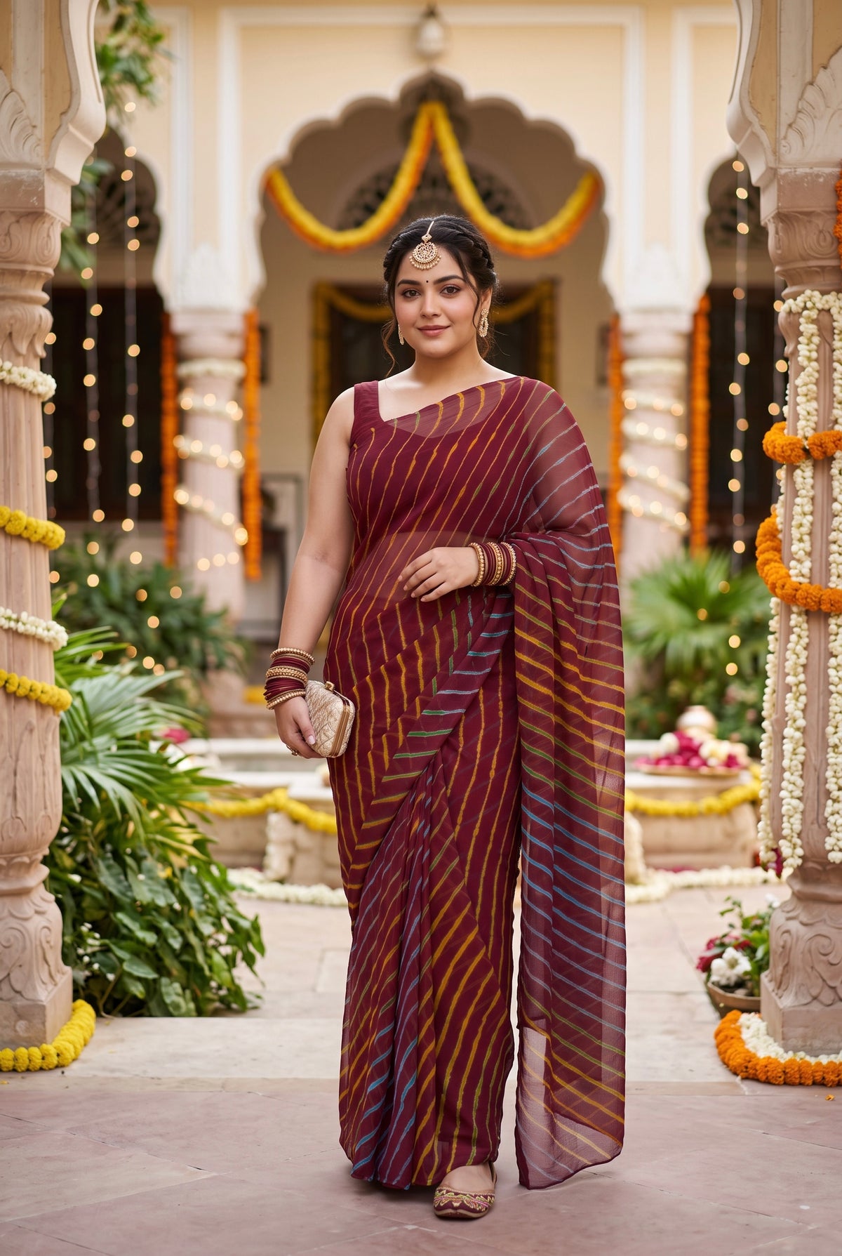 Maroon Leheriya Saree with Multi-colour Accents