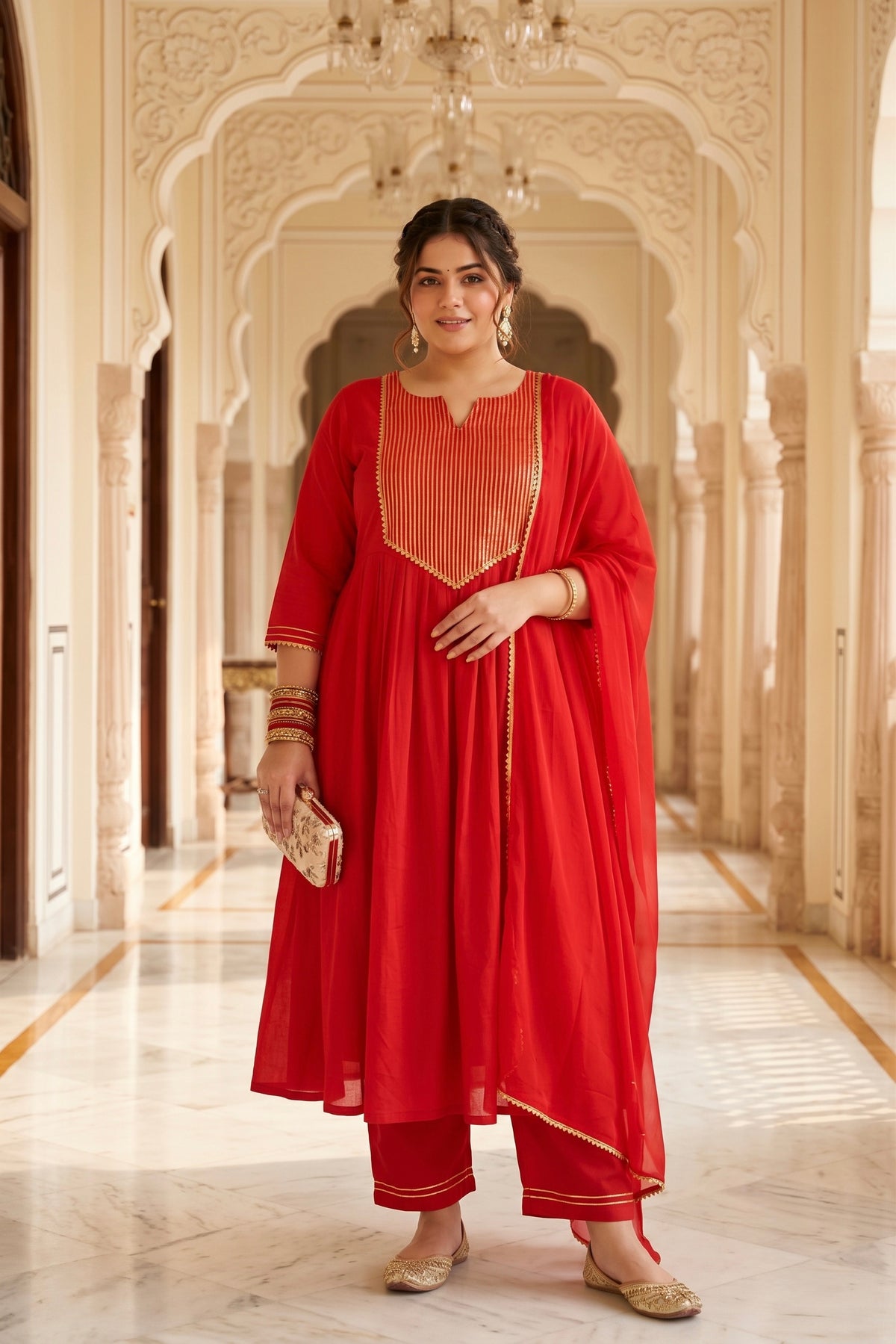 Red & Gold 100% Cotton Kurta Set (Set of 3)