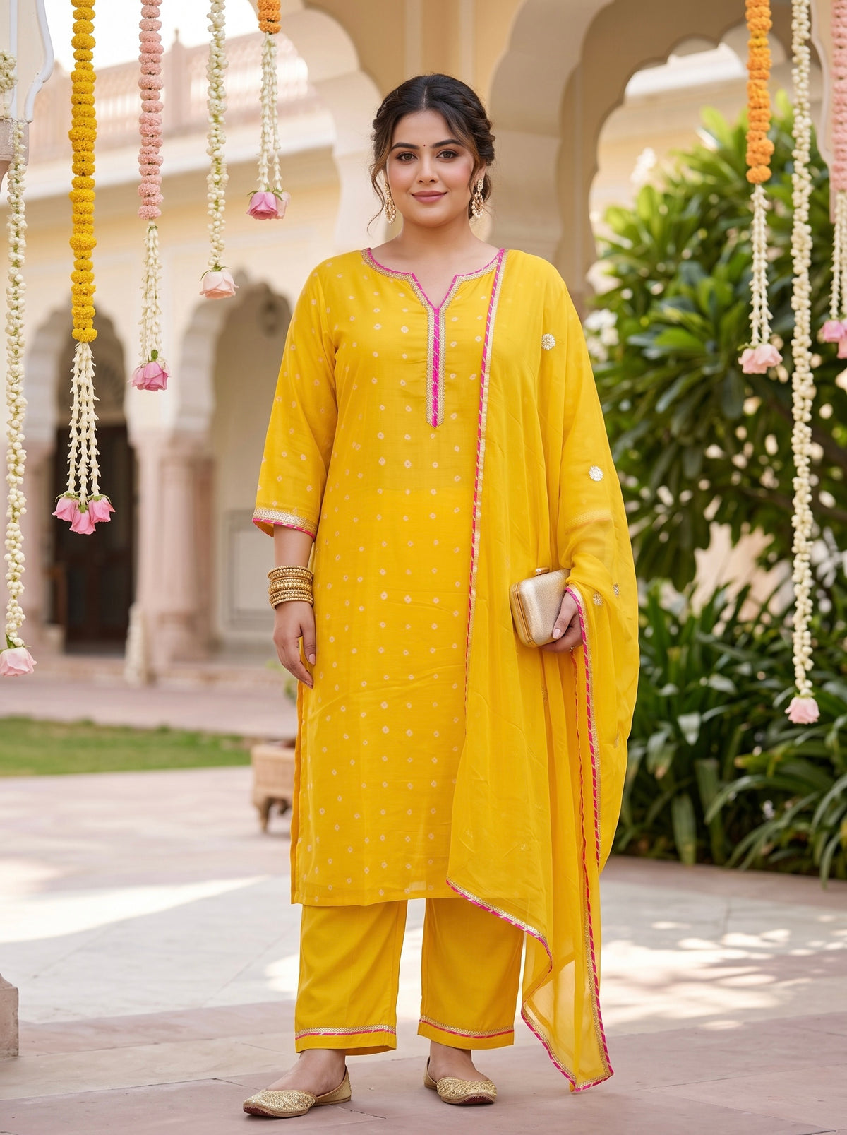 Sunshine Yellow Bandhani 100% Cotton Kurta Set with Gotta Patti Work & Chiffon Dupatta