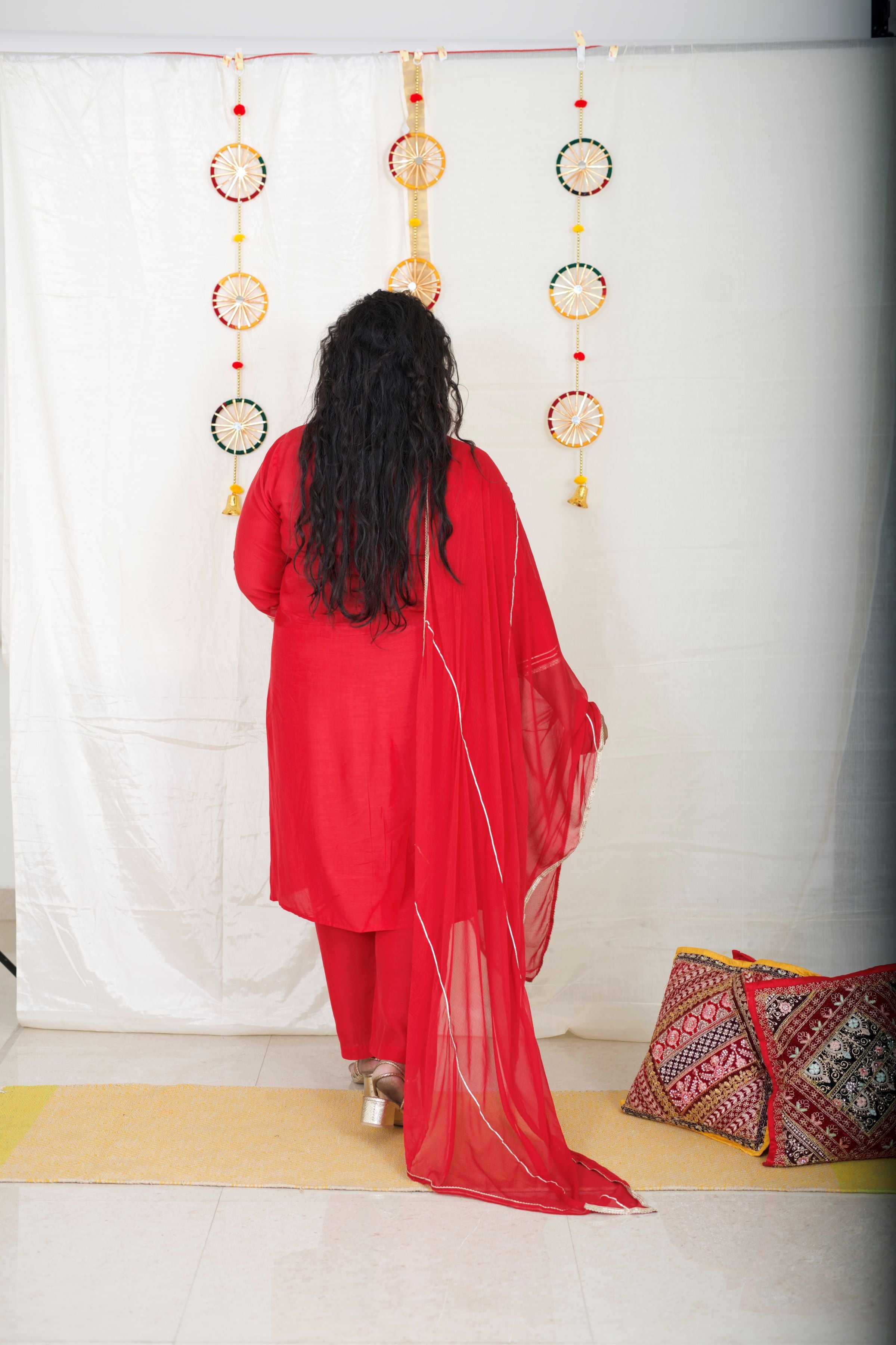 Red Cambric Suit Set with Gota Lace Accents (Set of 3)