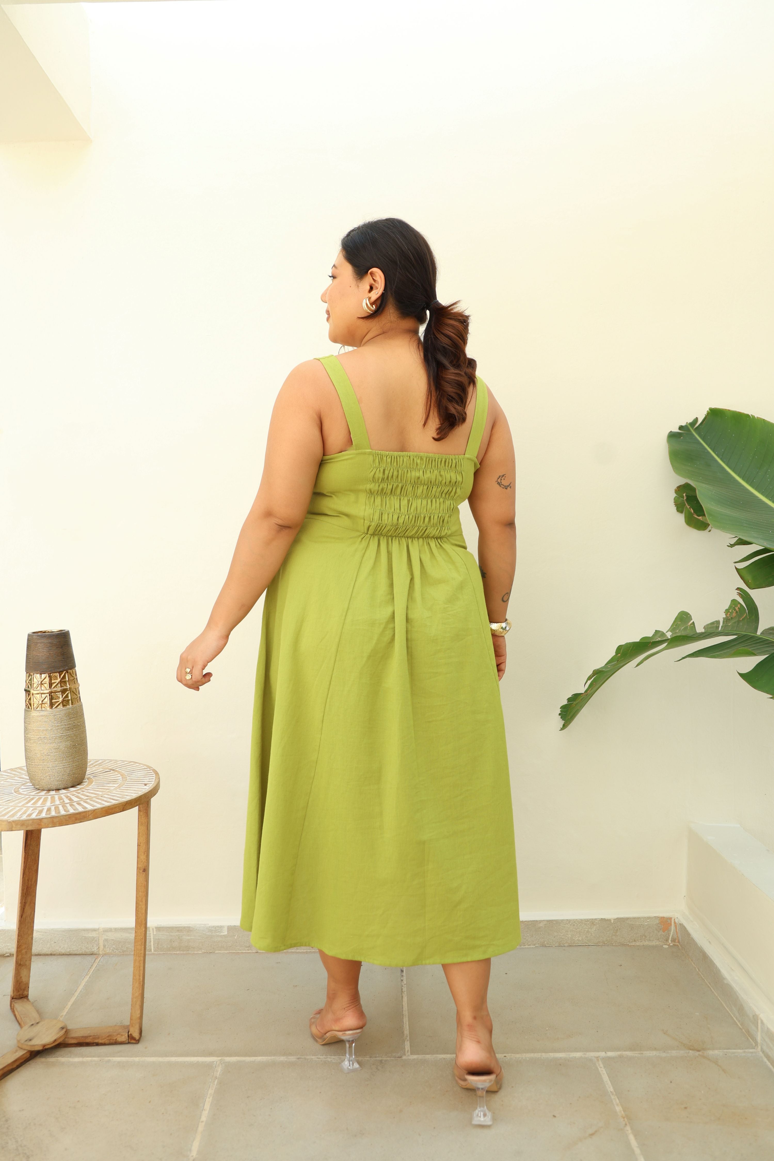 Fit & Flare Lime Green Cotton Midi Dress