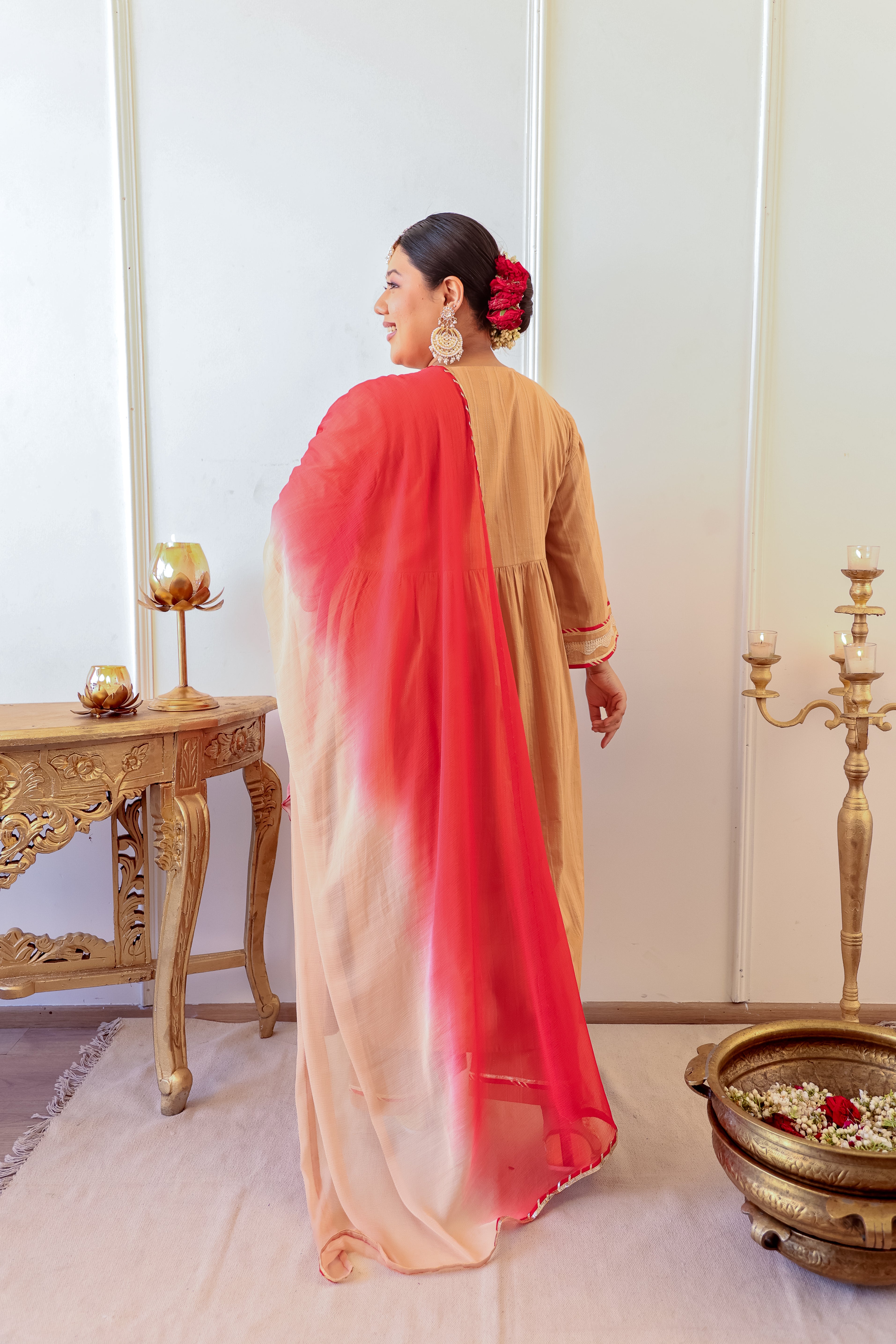 Caramel Self-Woven Zari Kurta Set with Gota Detailing