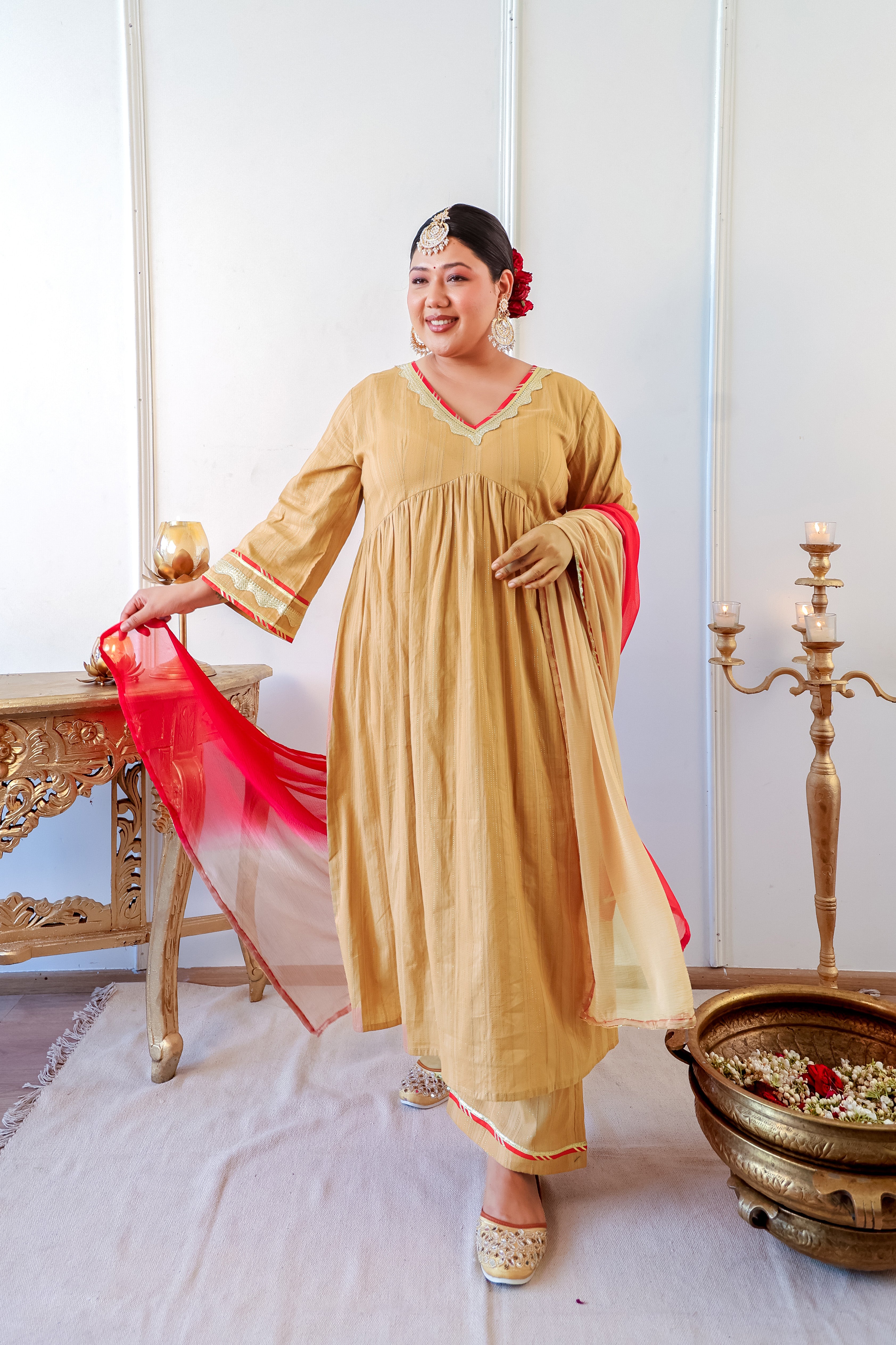 Caramel Self-Woven Zari Kurta Set with Gota Detailing