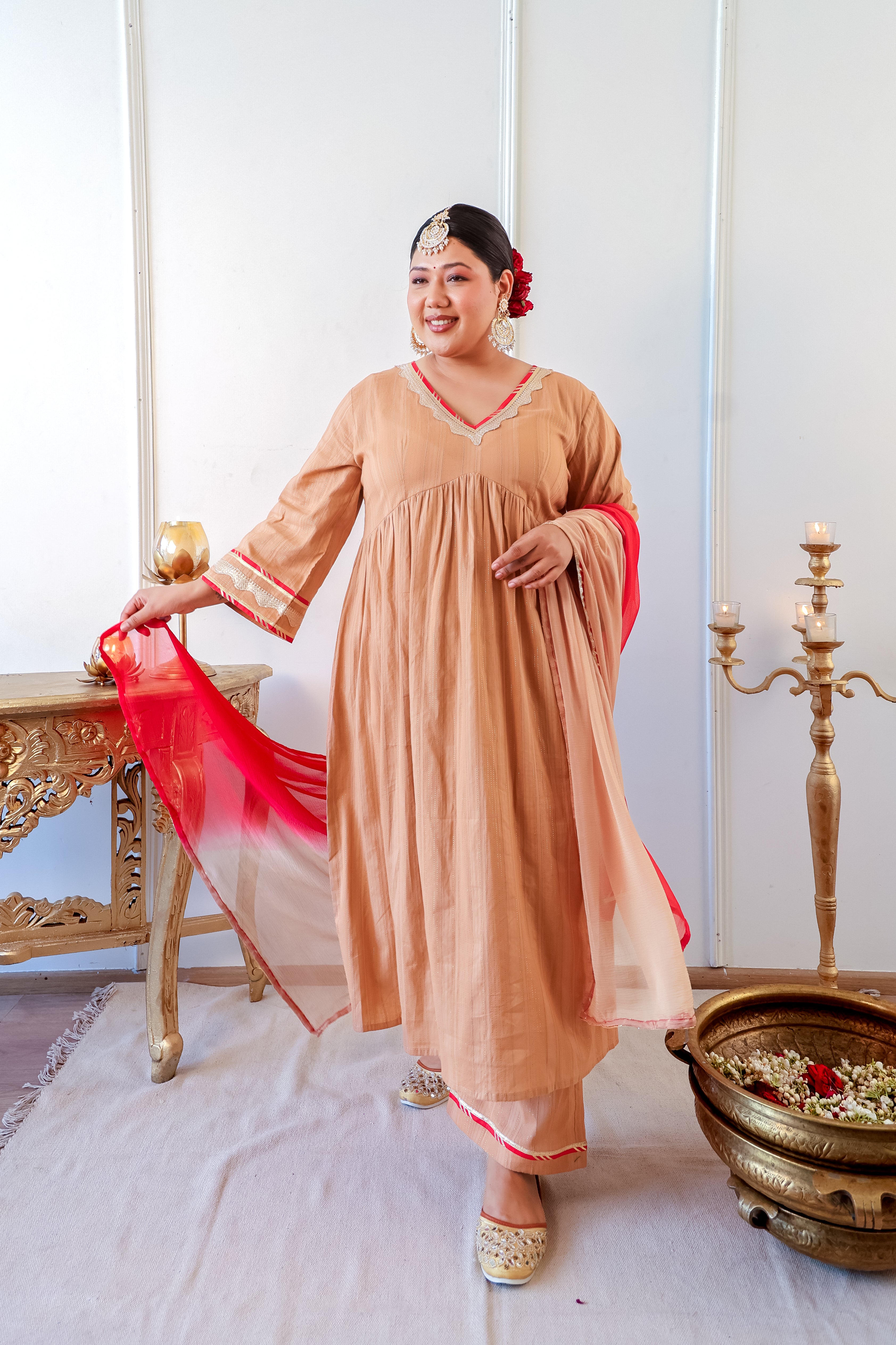 Caramel Self-Woven Zari Kurta Set with Gota Detailing
