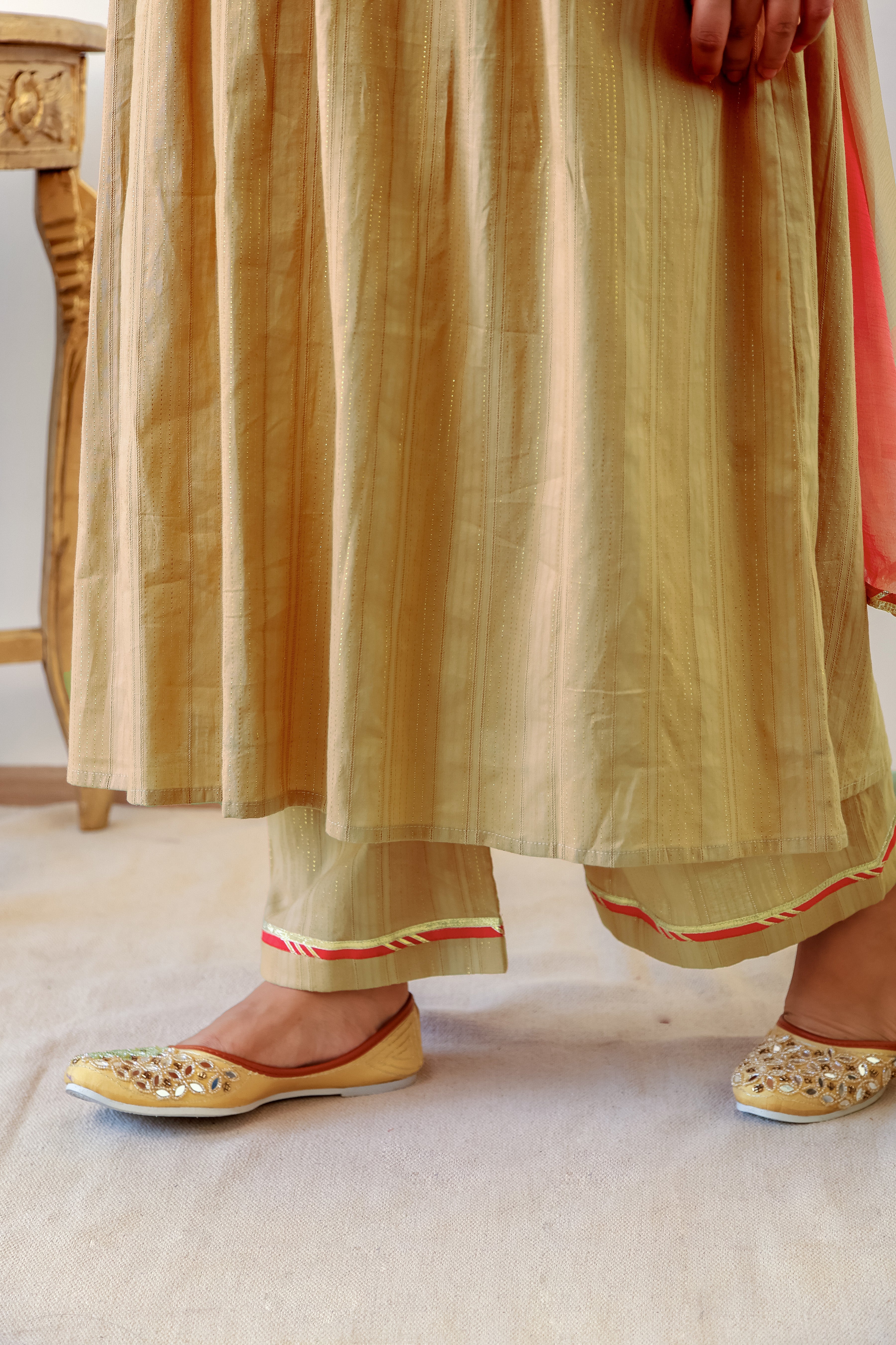Caramel Self-Woven Zari Kurta Set with Gota Detailing