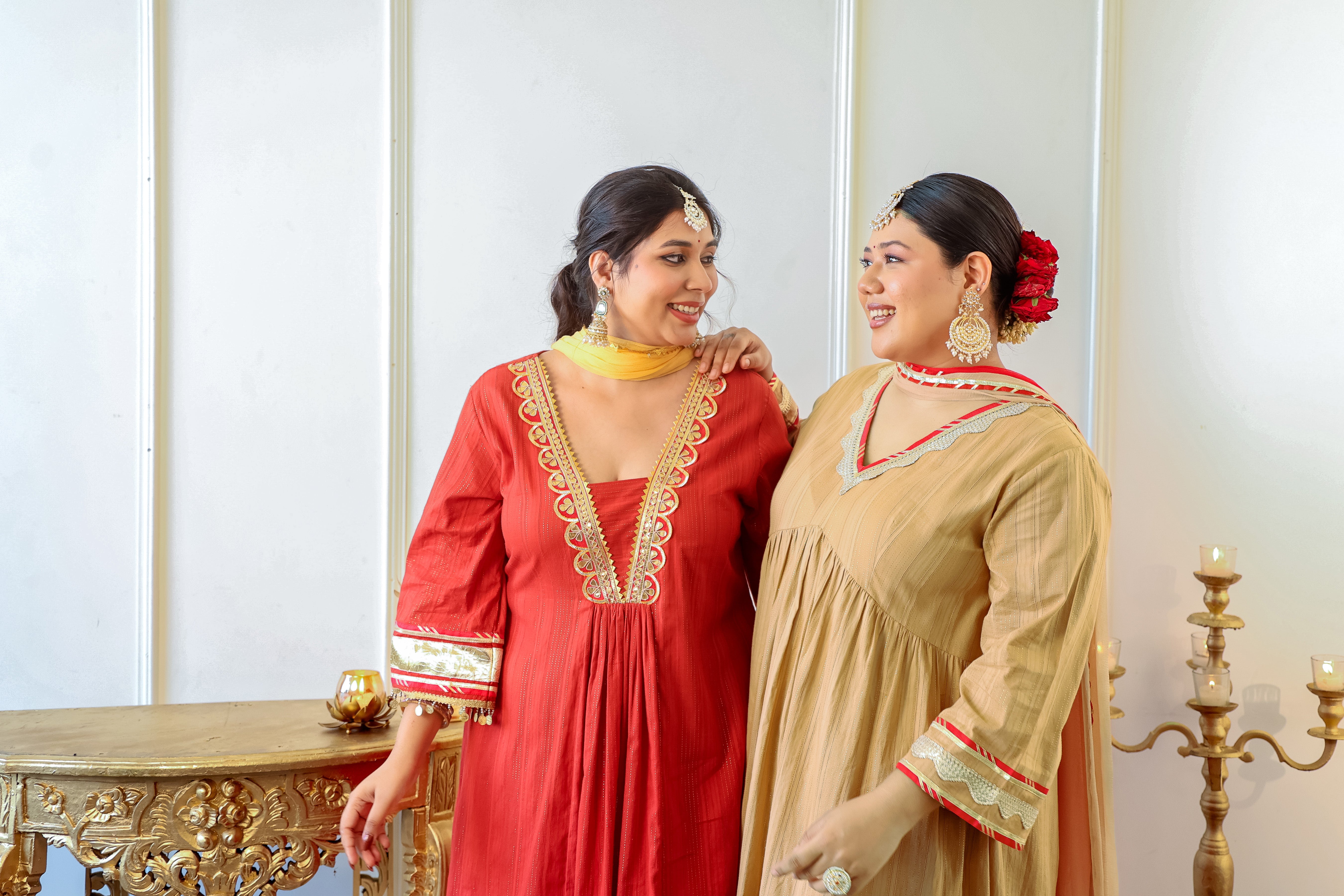 Caramel Self-Woven Zari Kurta Set with Gota Detailing