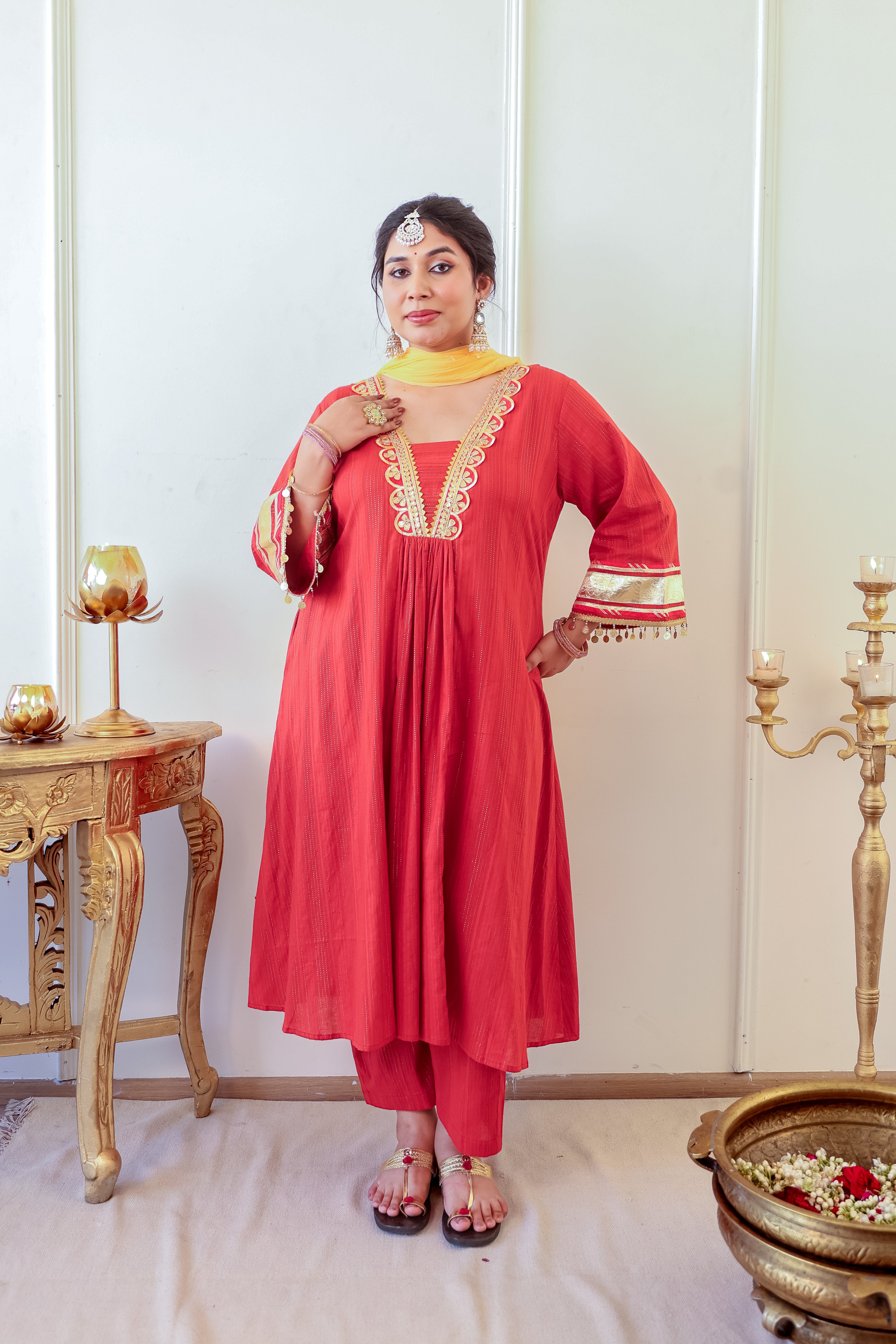 Regal Rust Red Kurta Set with Gota Detailing