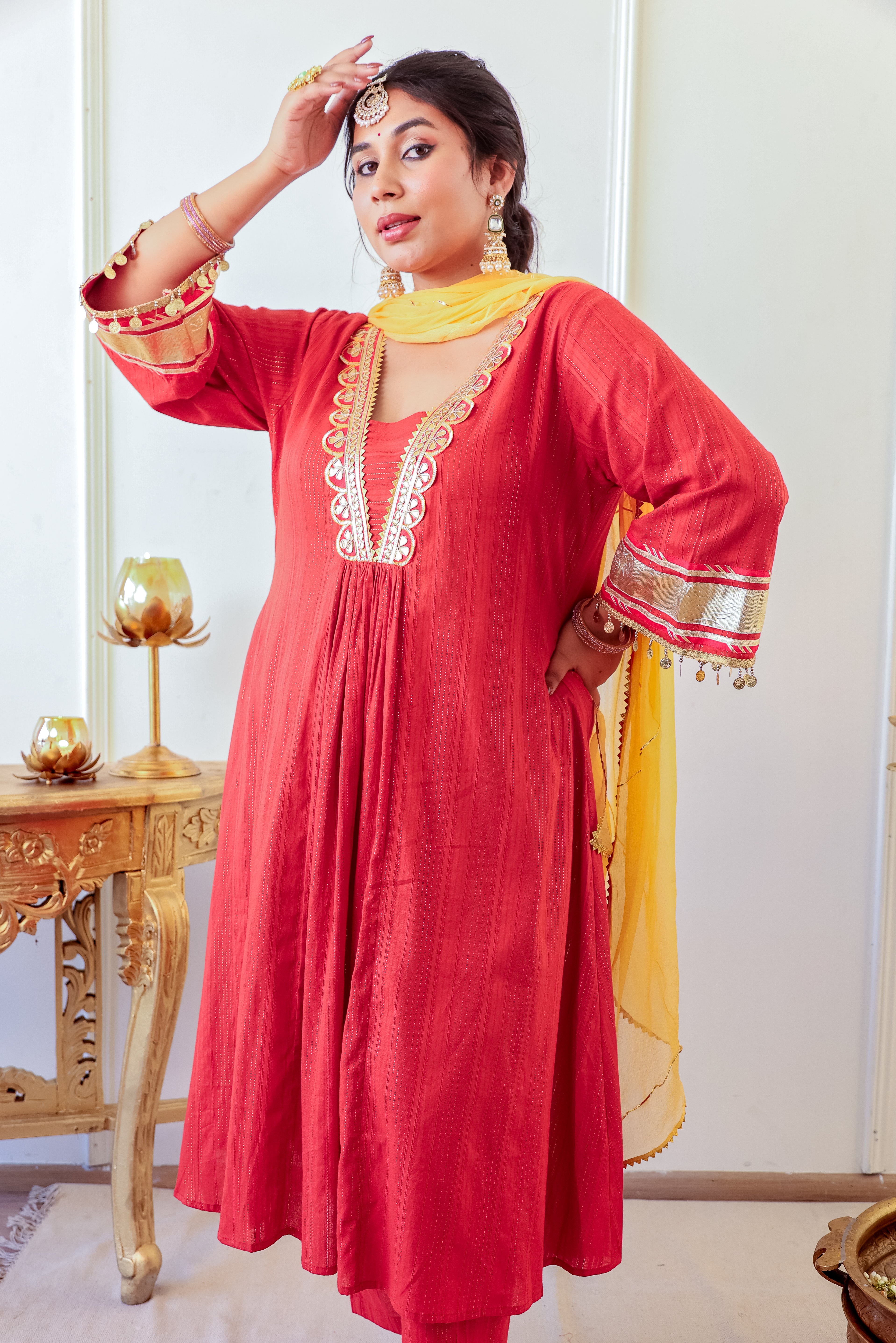 Regal Rust Red Kurta Set with Gota Detailing