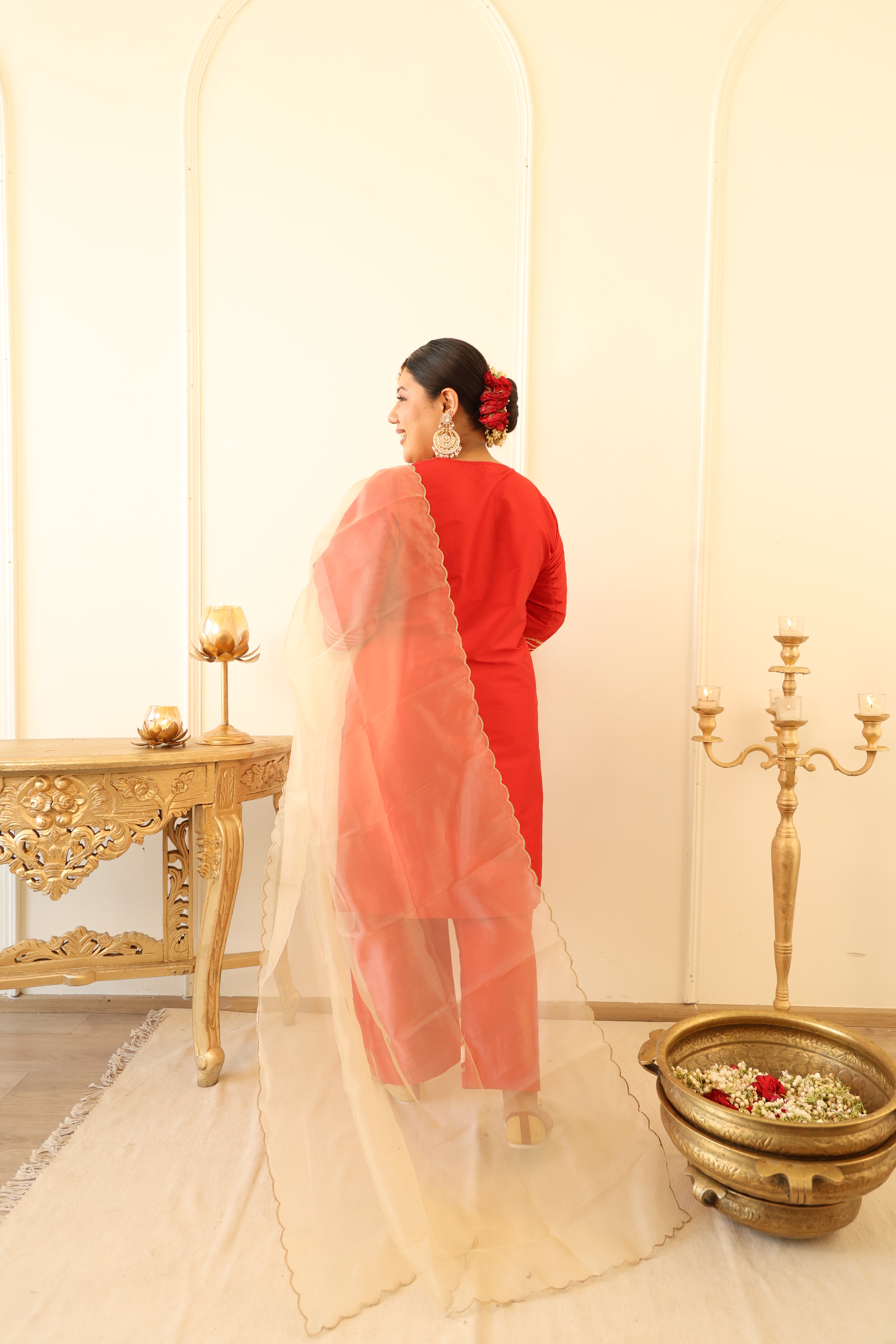 Crimson Red Taffeta Kurta Set with Gota Patti