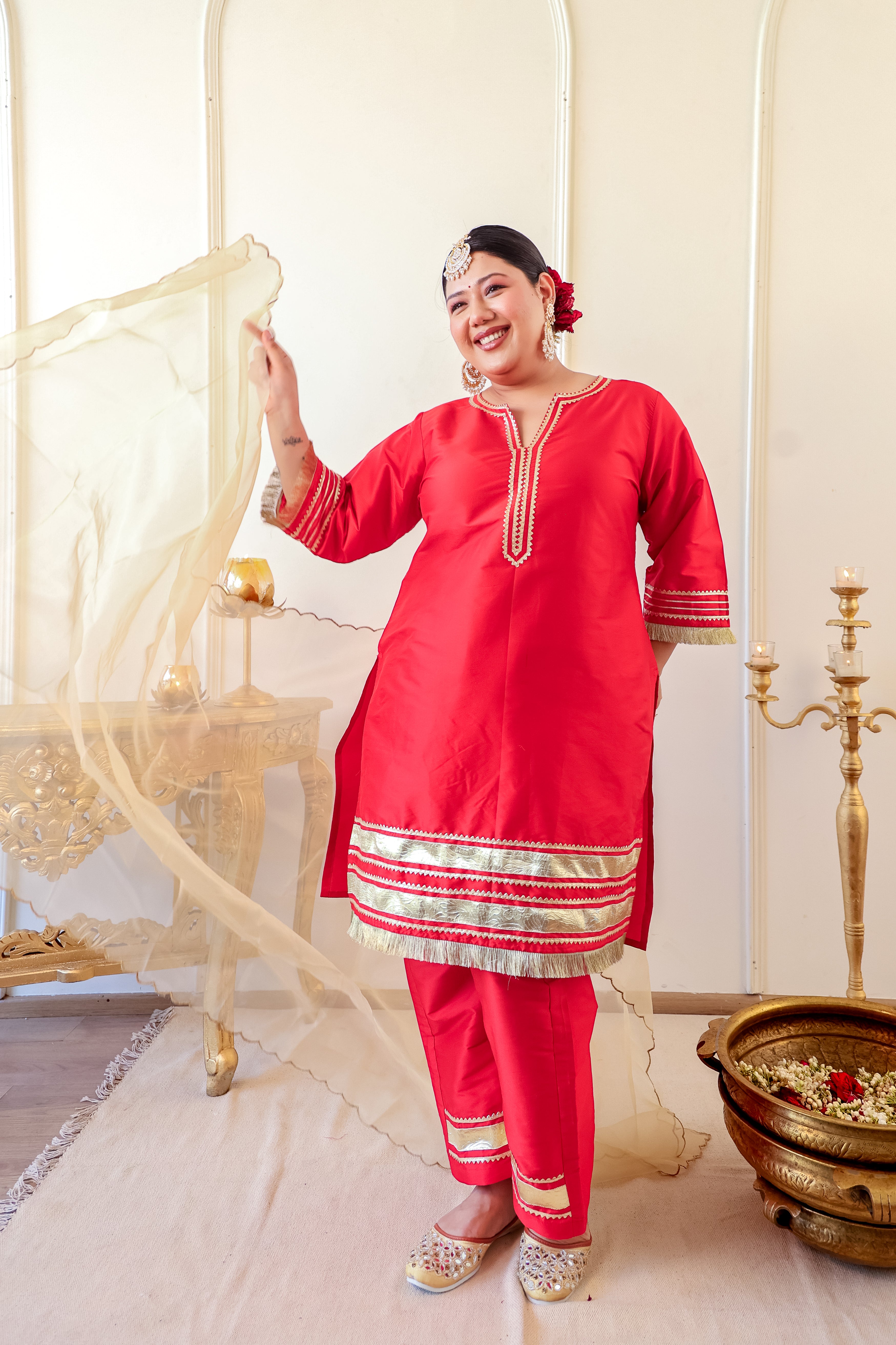 Crimson Red Taffeta Kurta Set with Gota Patti