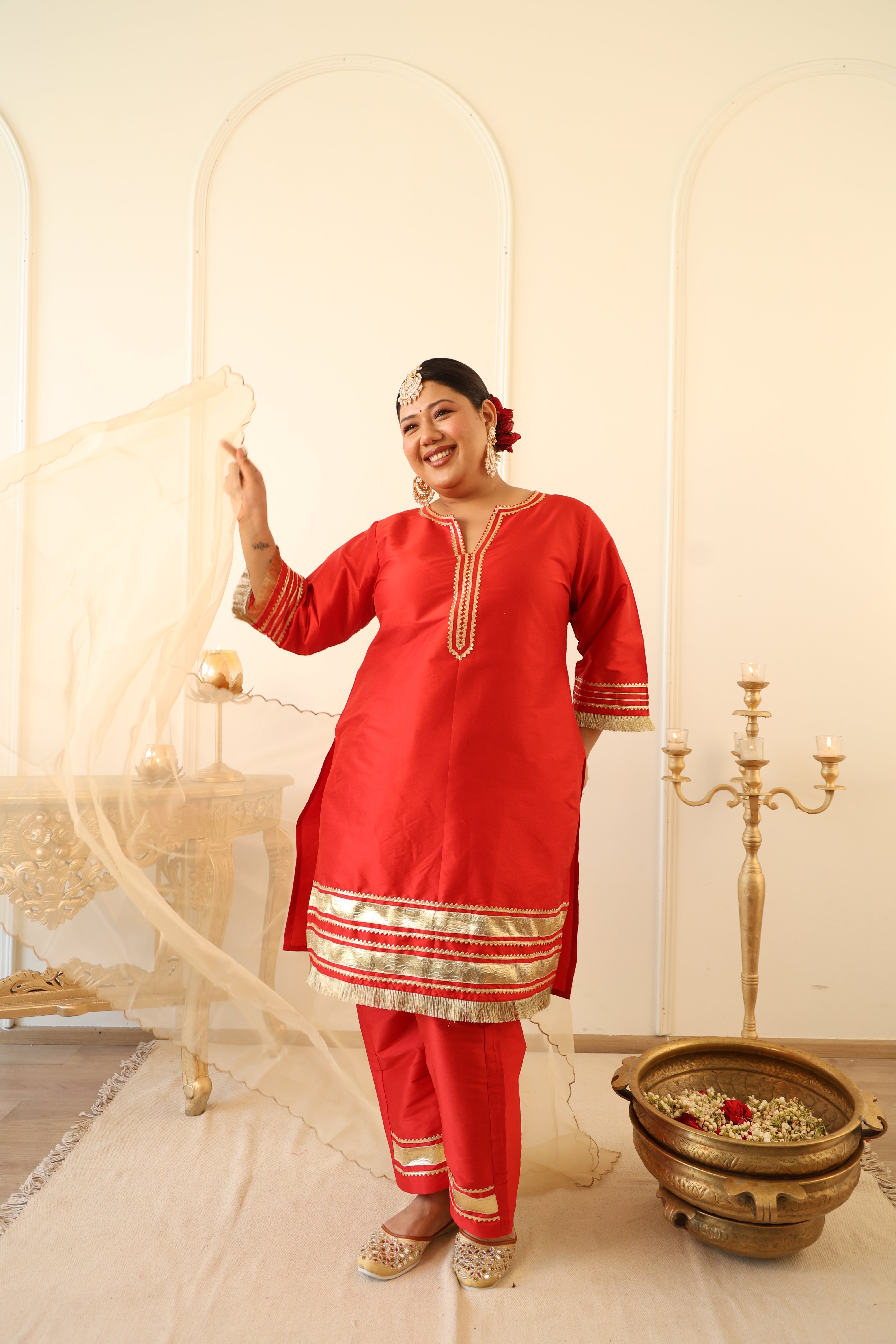 Crimson Red Taffeta Kurta Set with Gota Patti