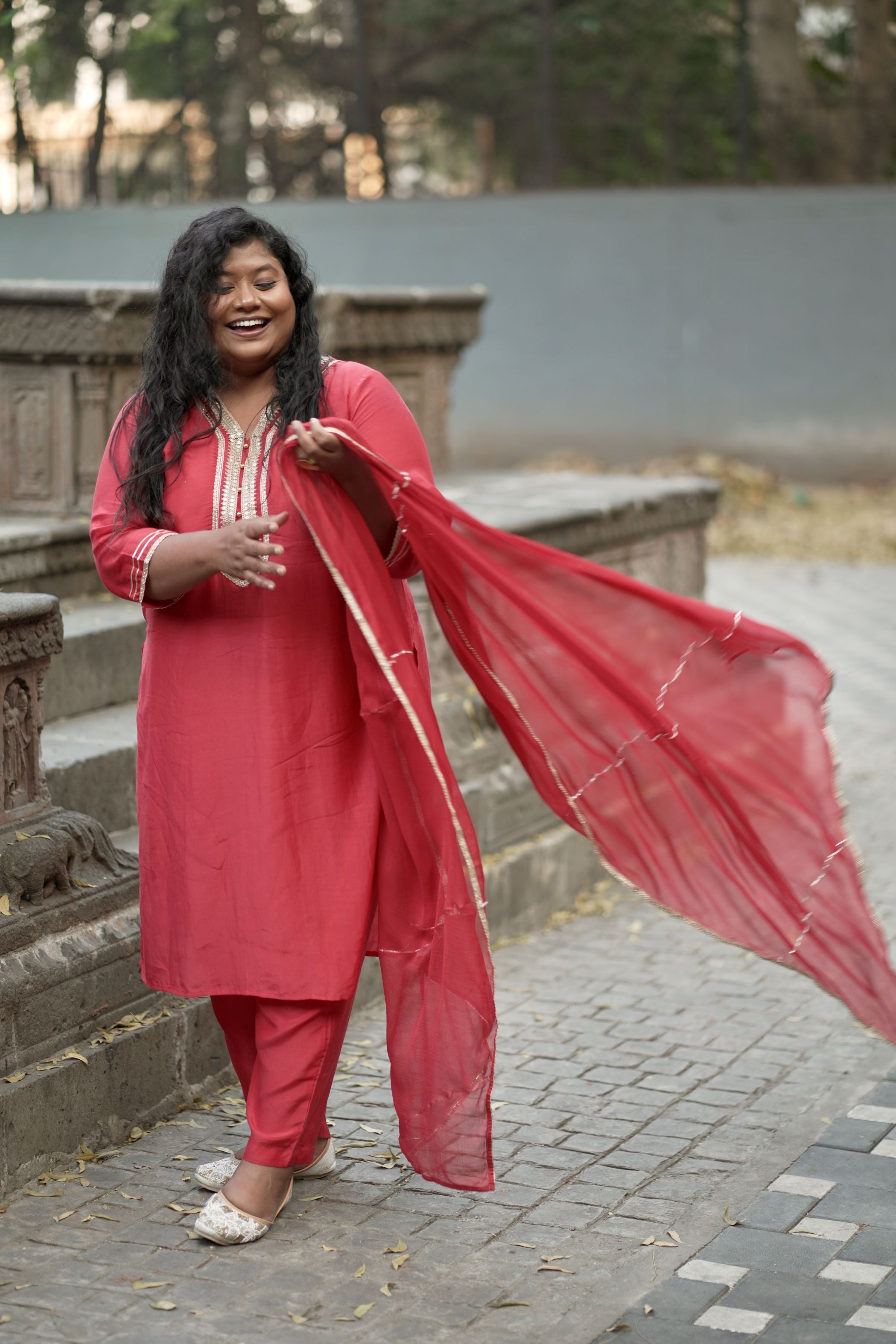 Red Cambric Suit Set with Gota Lace Accents (Set of 3)