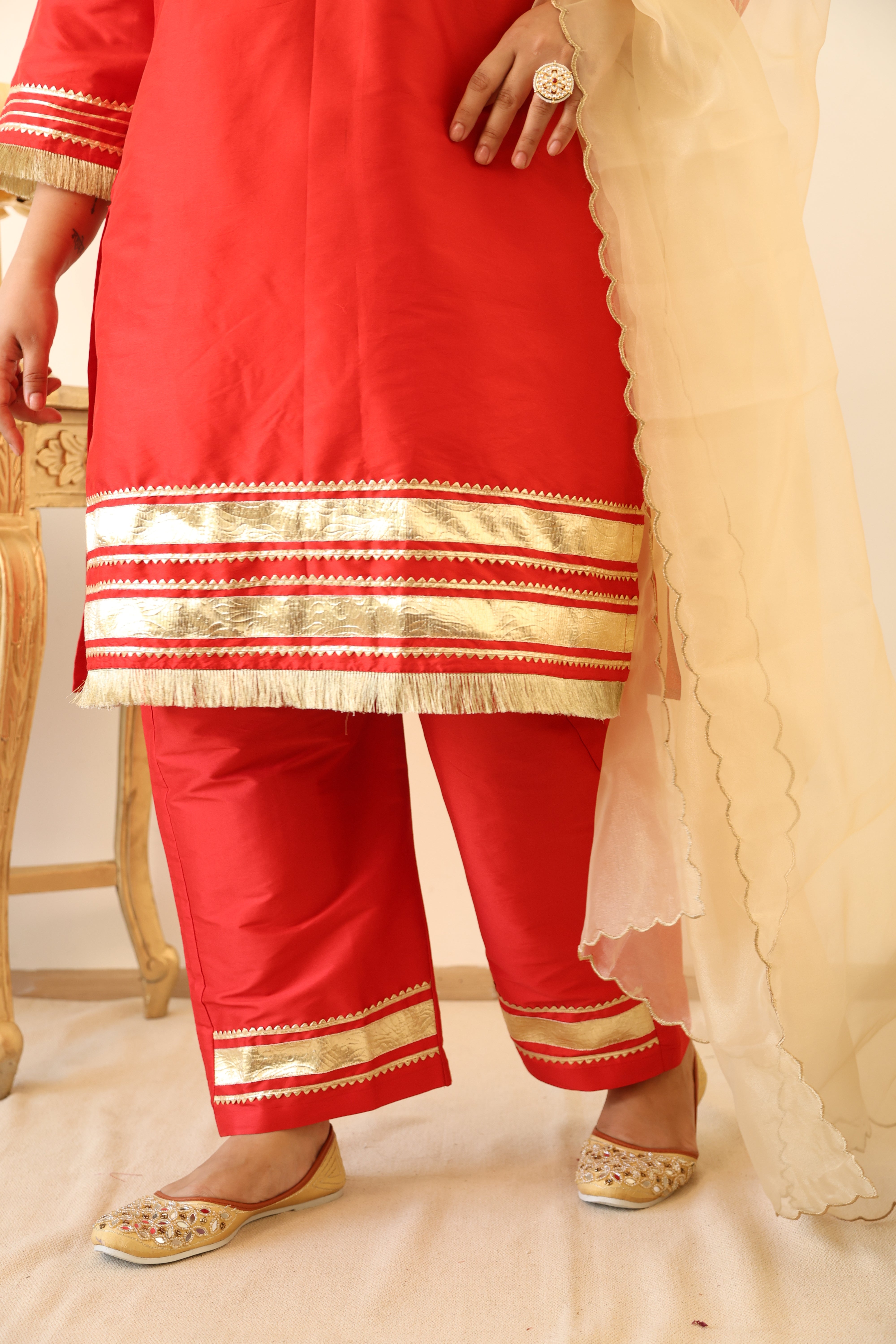 Crimson Red Taffeta Kurta Set with Gota Patti