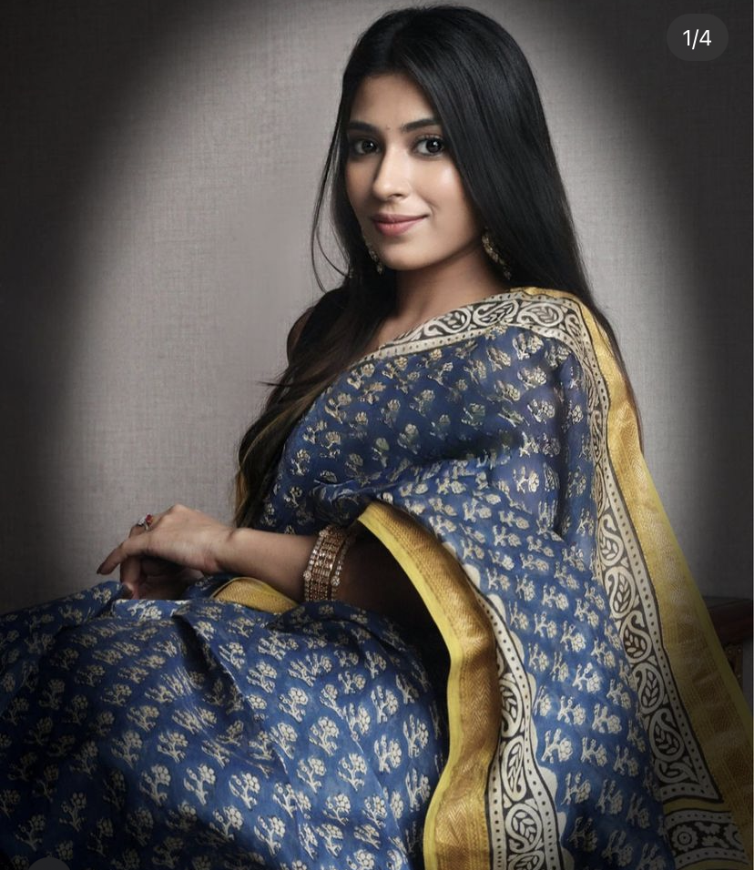 Blue Mustard Bagru Saree