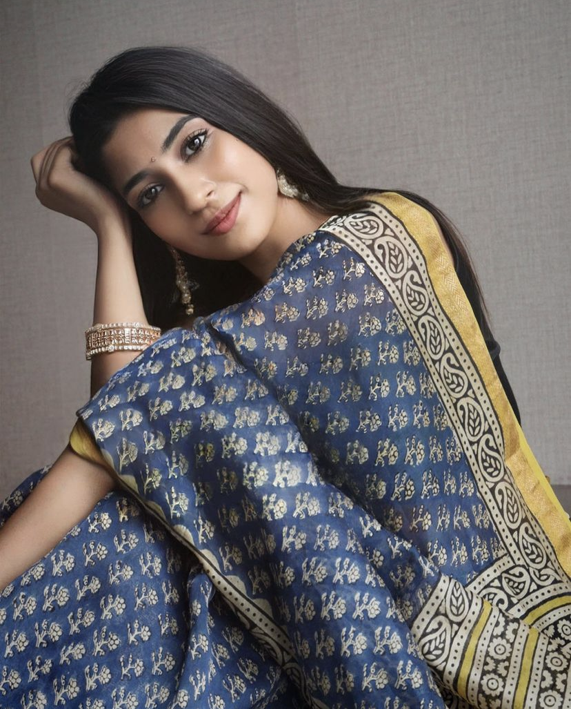 Blue Mustard Bagru Saree