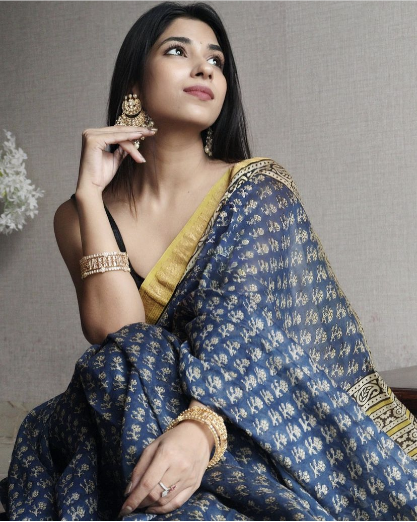Blue Mustard Bagru Saree
