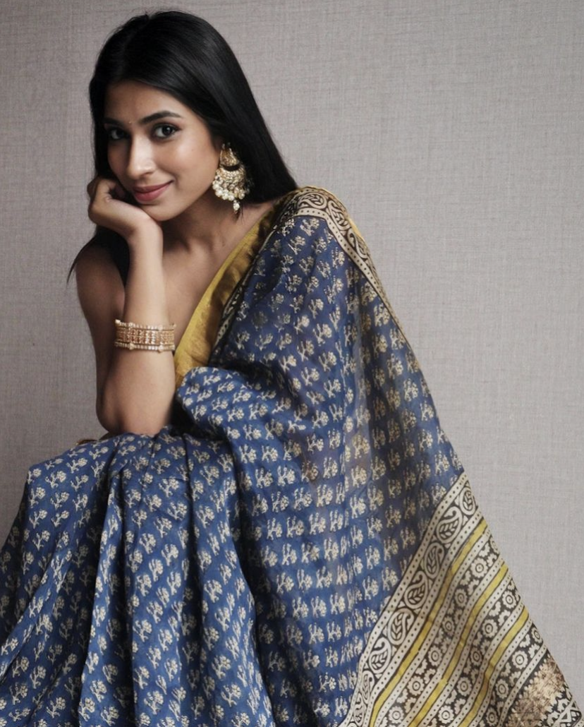 Blue Mustard Bagru Saree