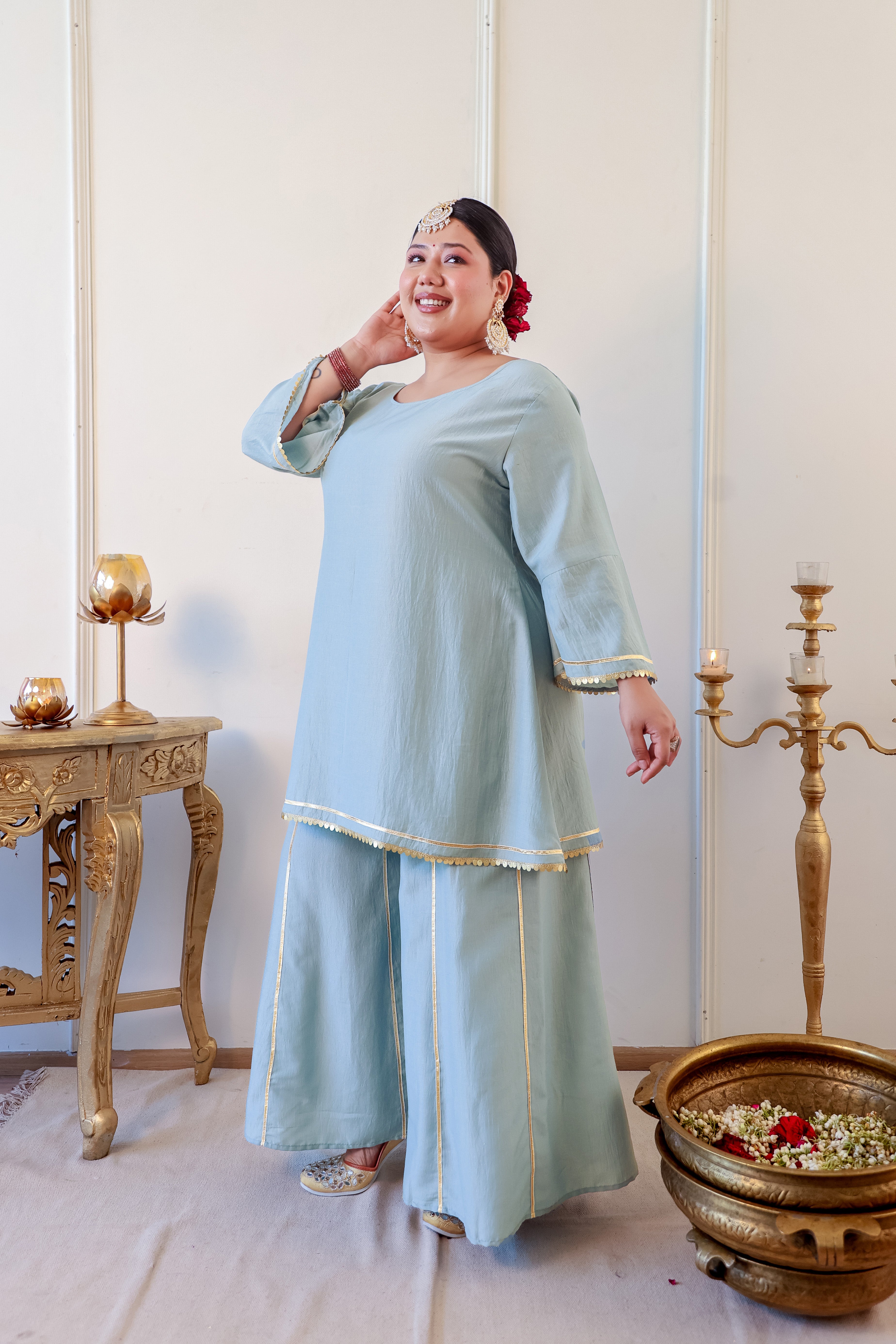 Misty Blue Roman Silk Kurta Set with Gota Detailing