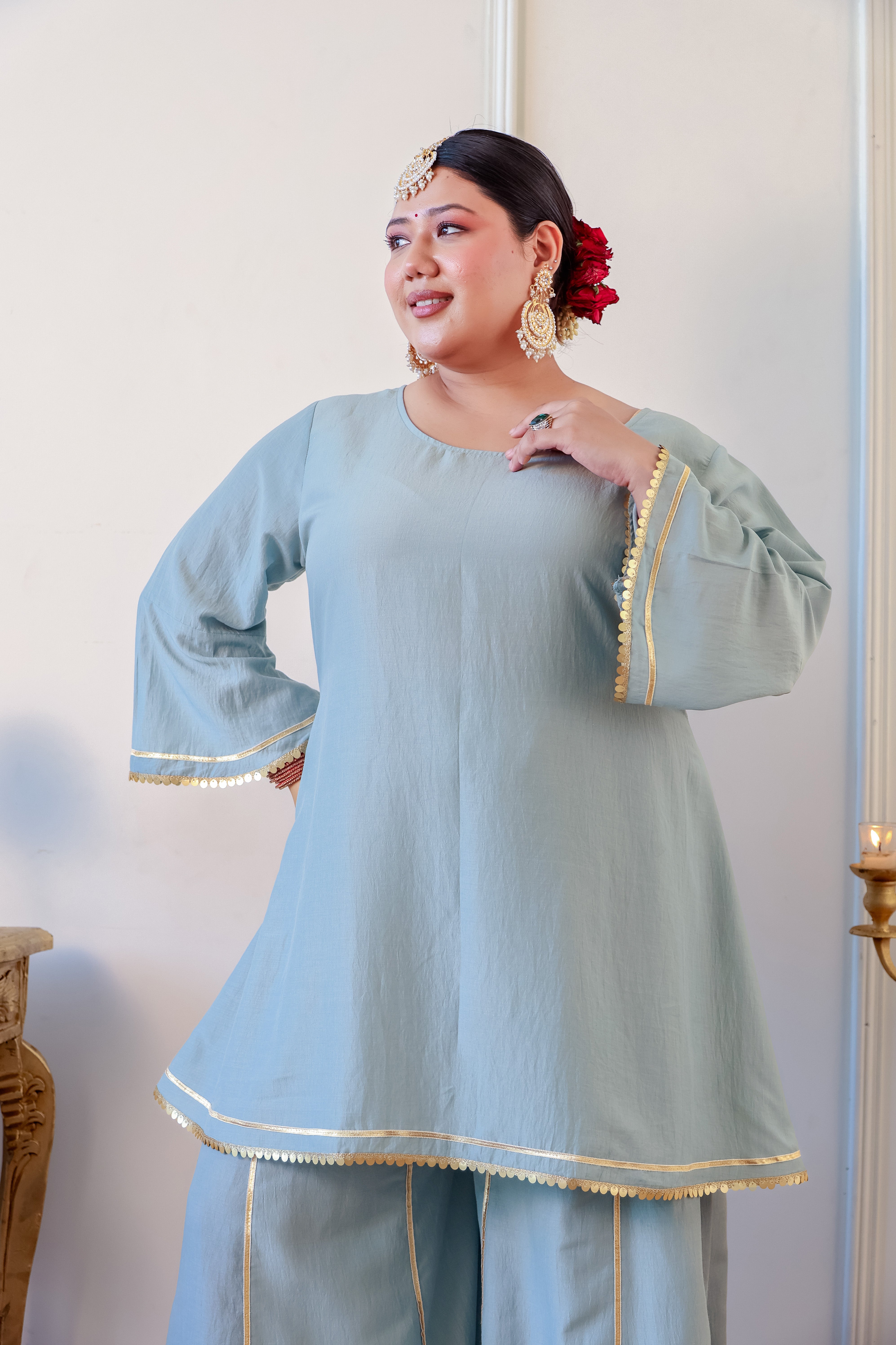 Misty Blue Roman Silk Kurta Set with Gota Detailing
