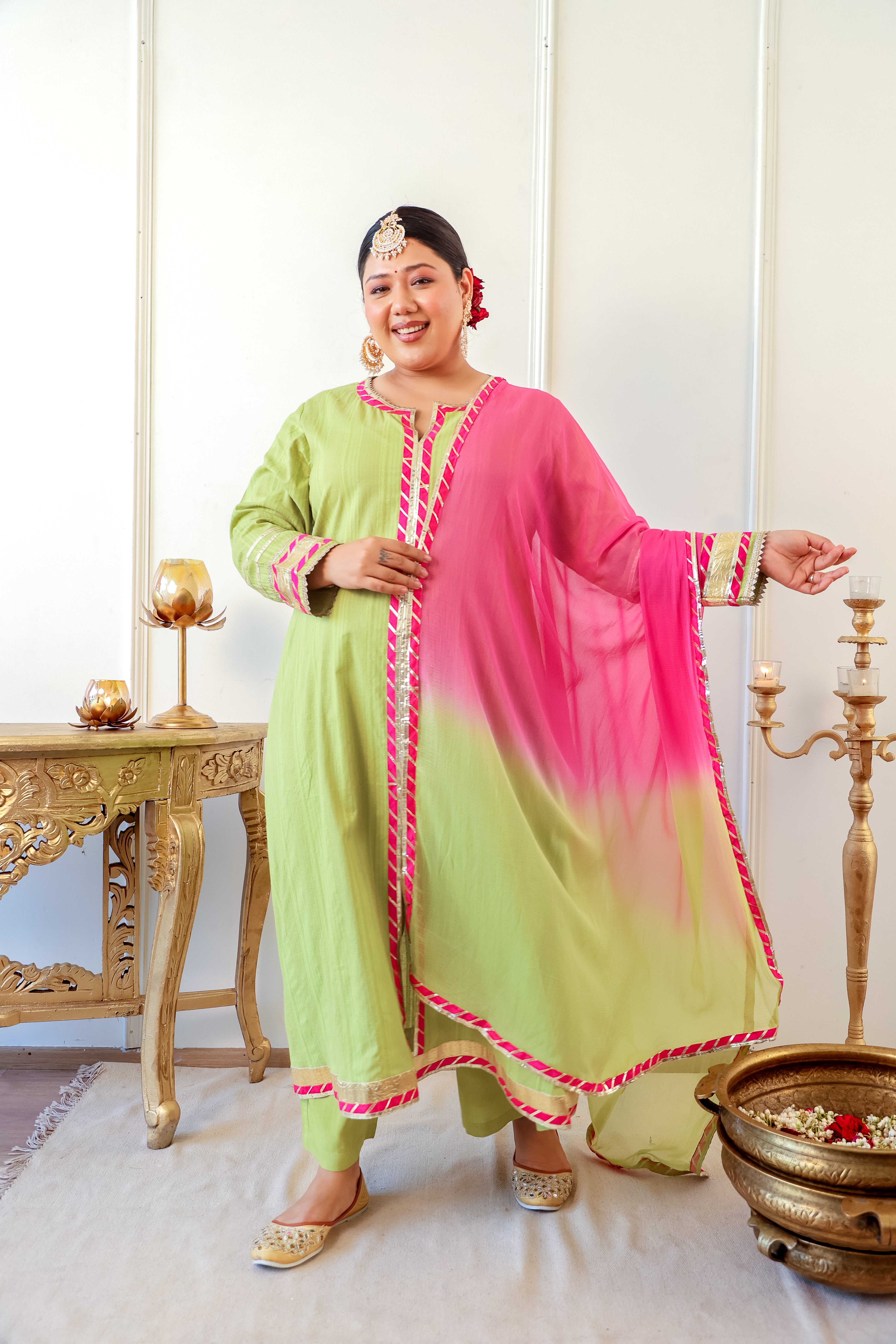 Lime Green & Pink A-Line Kurta Set with Gota Lace Detailing