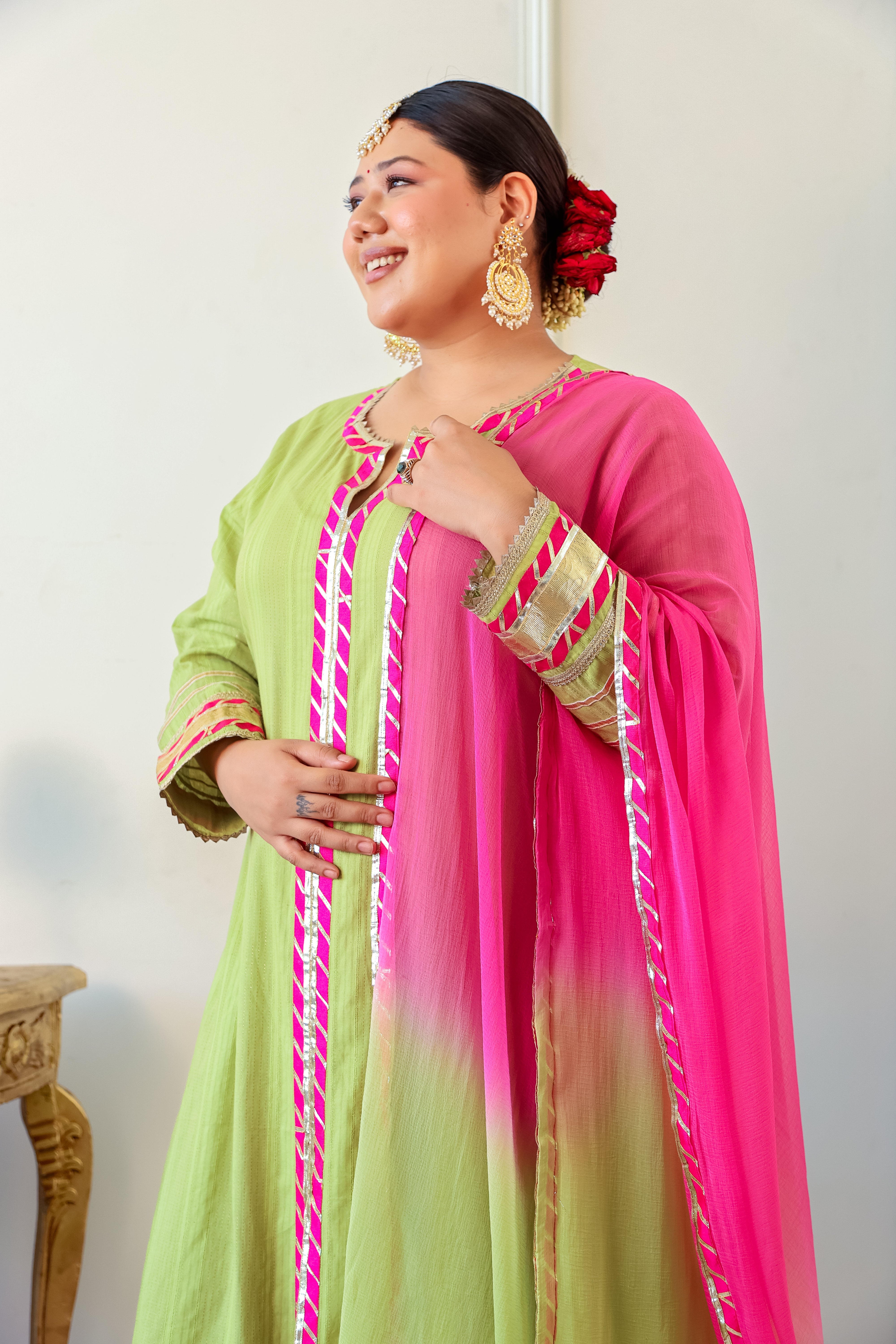 Lime Green & Pink A-Line Kurta Set with Gota Lace Detailing