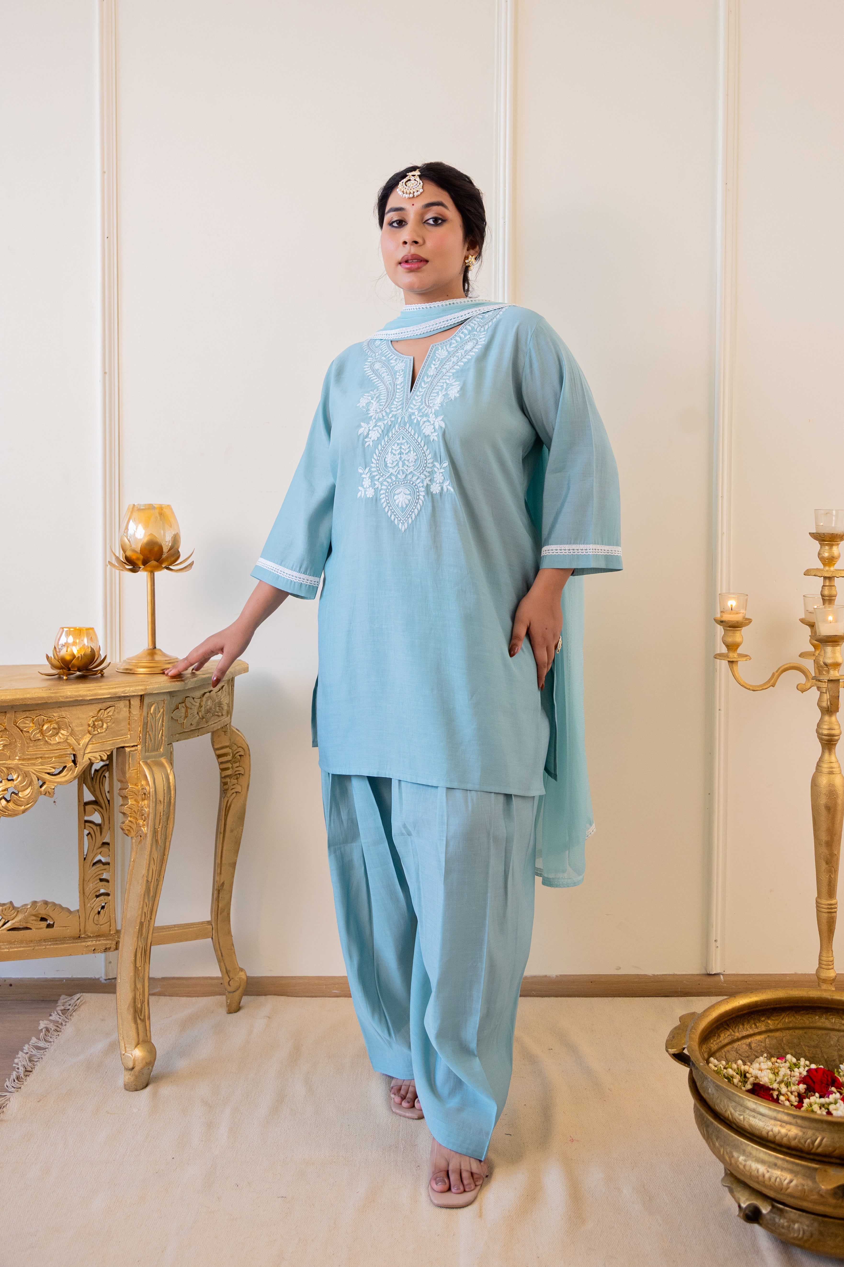 Powder Blue Roman Silk Kurta Set with Farshi Salwar