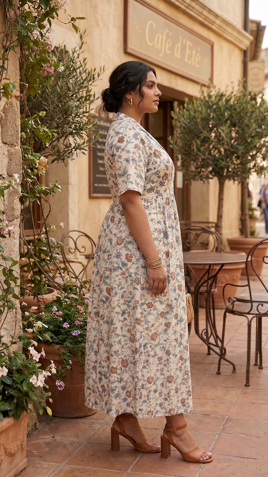 Plus Size Floral Print Collared Maxi Dress – Cotton Blend Vintage Garden Style