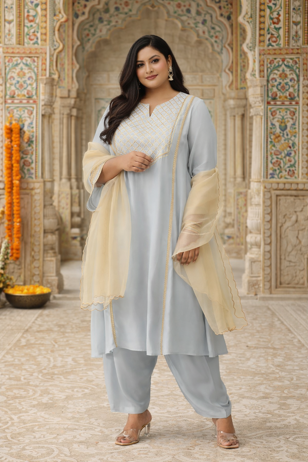 Blue and Gold Kurta Suit Set with Organza Dupatta