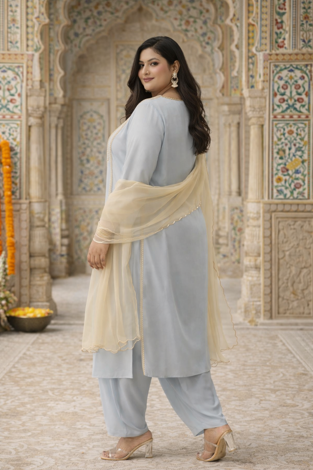 Plus Size Powder Blue Embroidered Kurta Salwar Set with Dupatta(Set of 3)