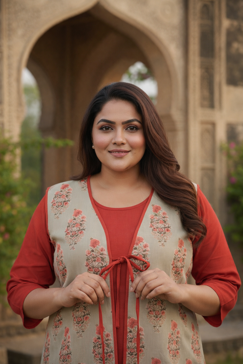 Olive and Coral Sleeveless Cotton Jacket