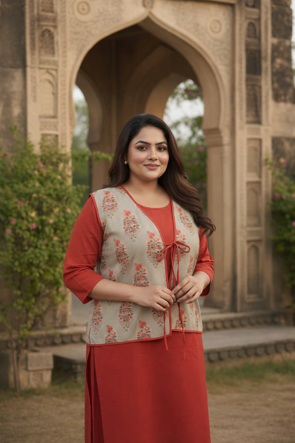 Olive and Coral Sleeveless Cotton Jacket