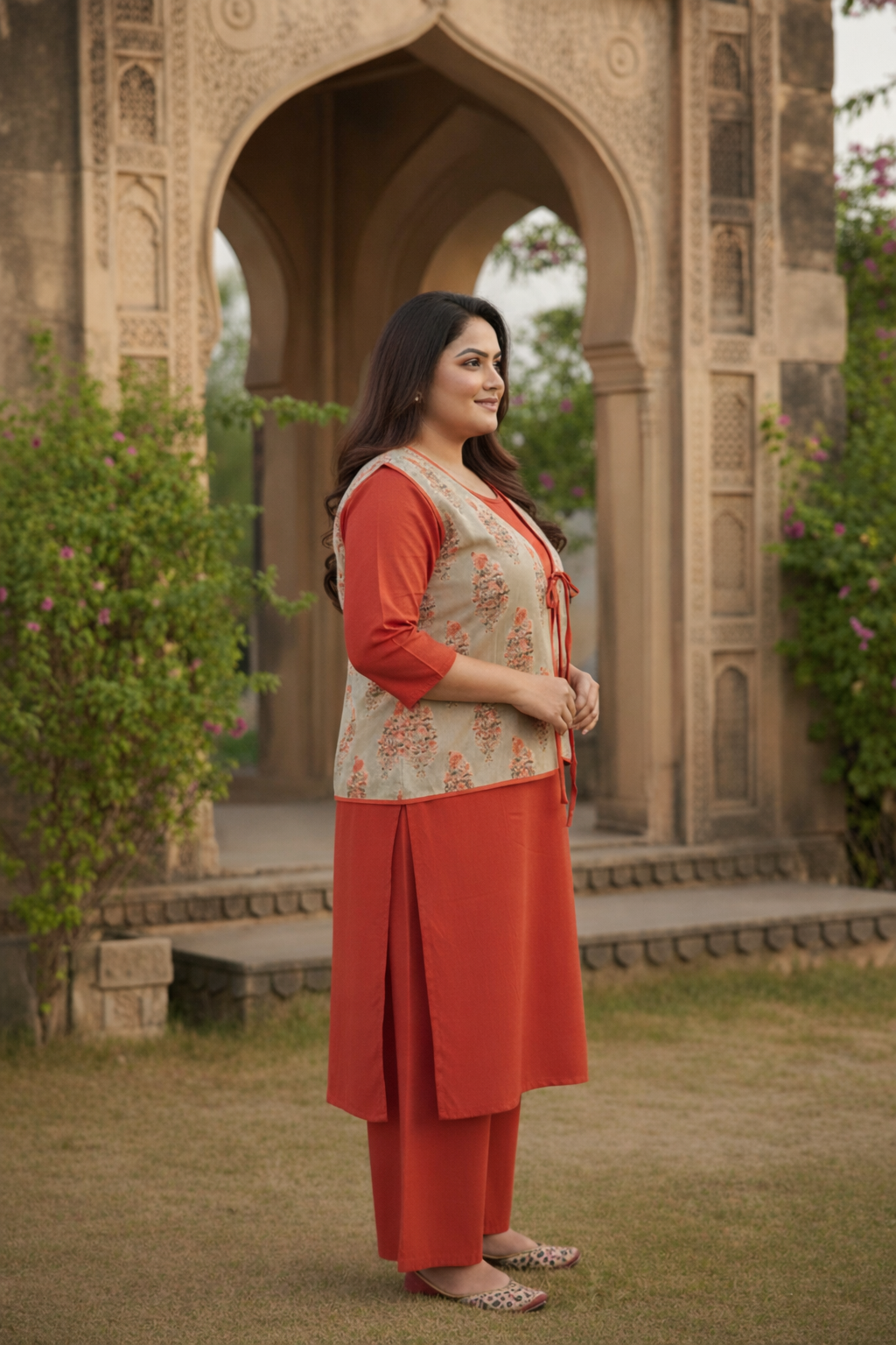 Olive and Coral Sleeveless Cotton Jacket