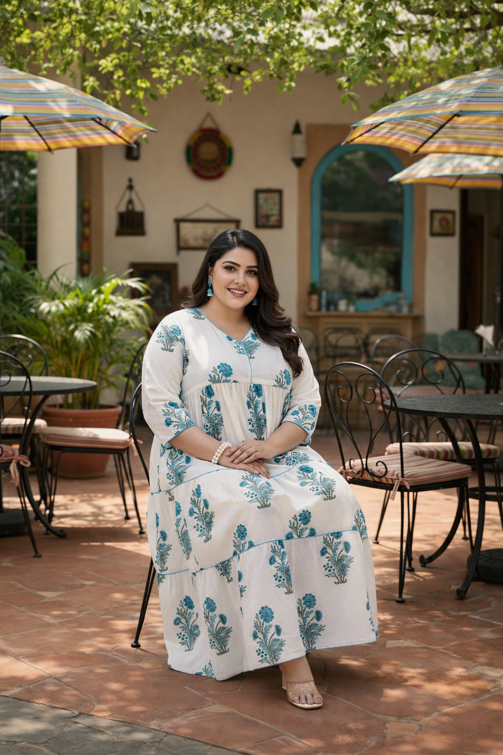 Blue Jaipur Print Cotton Tiered Dress with Drawstring