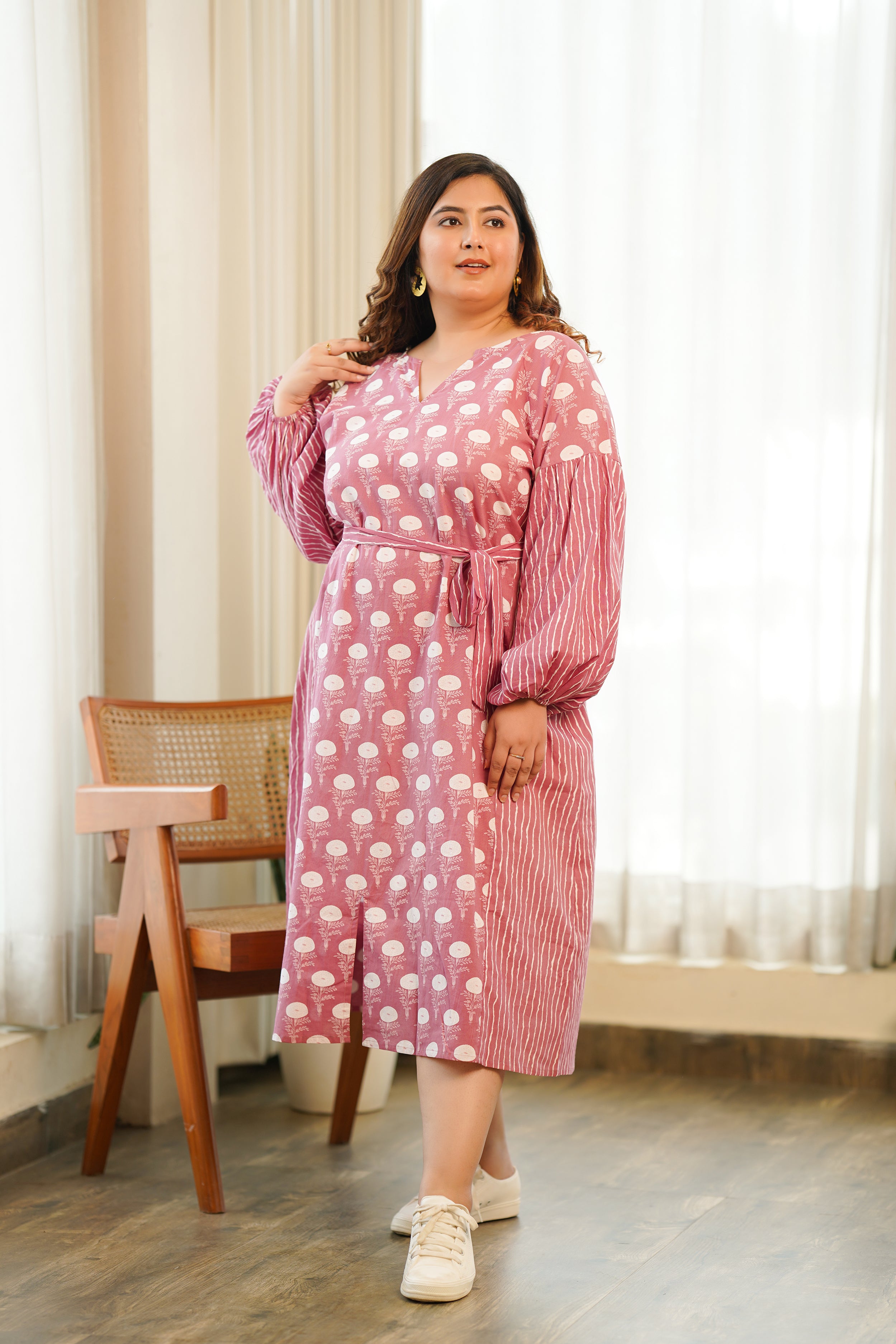 Onion Pink Cotton V- Neck Anti-Fit Dress