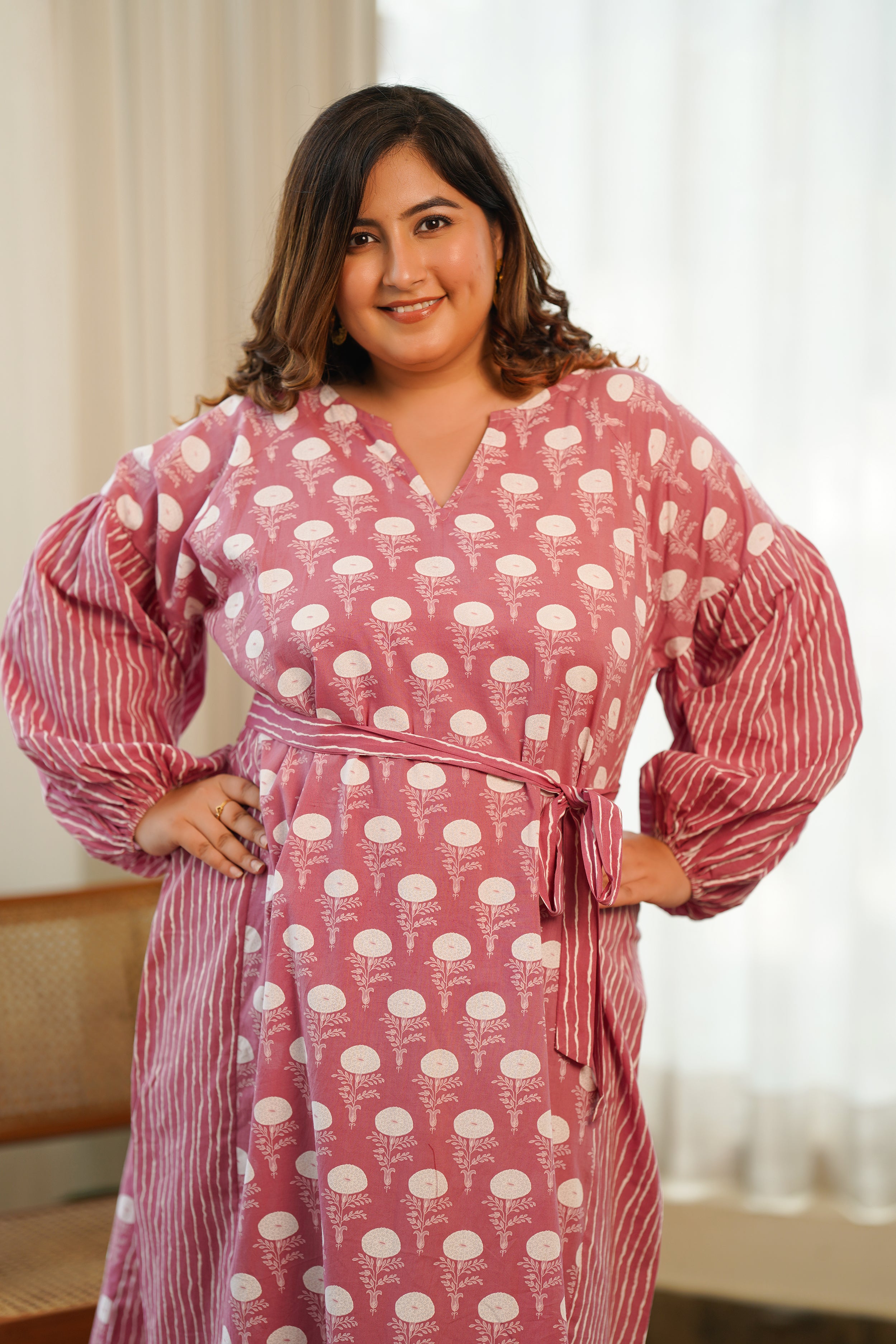 Onion Pink Cotton V- Neck Anti-Fit Dress