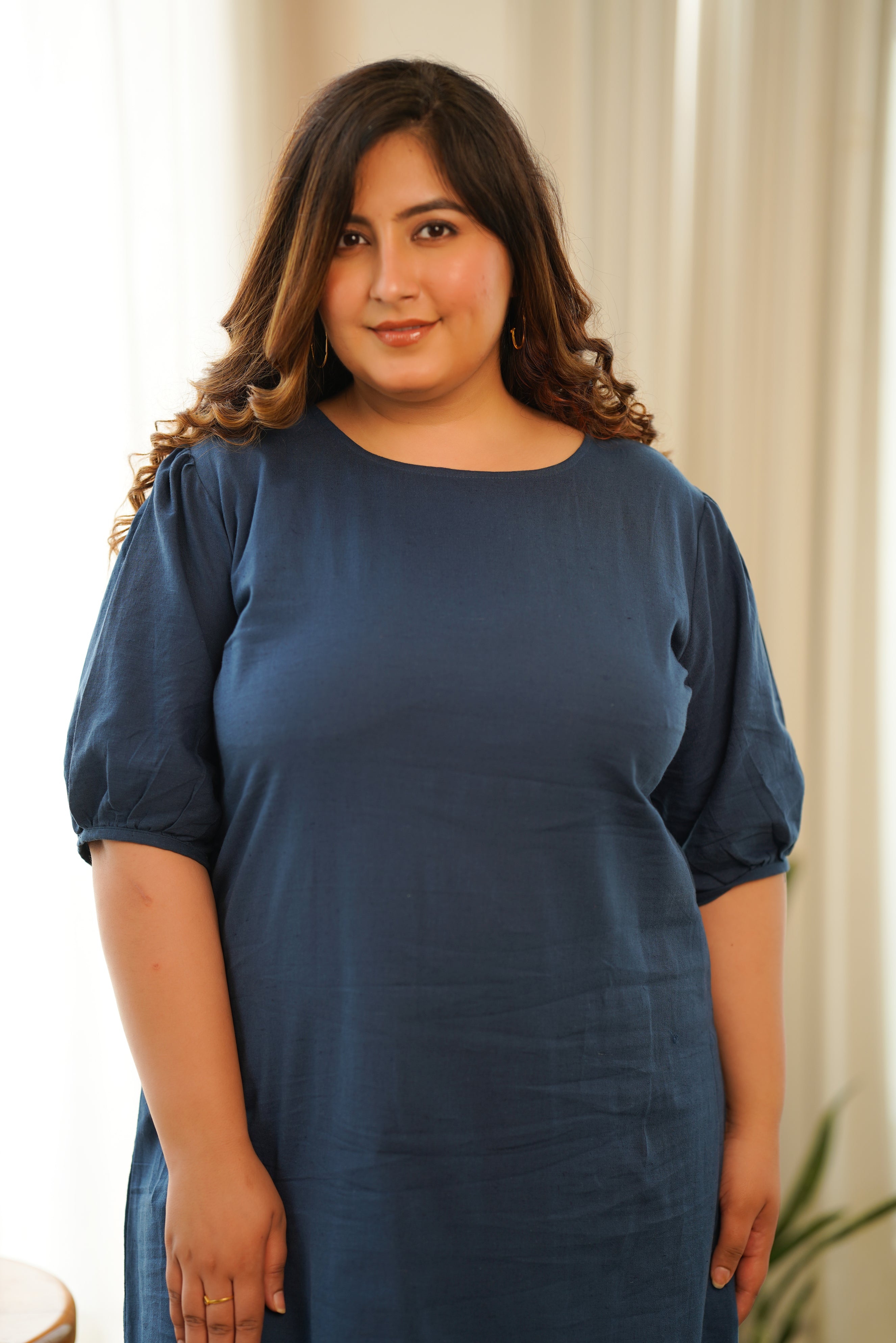 Blue Puff Sleeve Linen Midi Dress