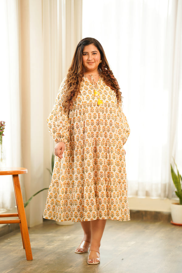 Boho Yellow Cotton Printed Tiered Dress
