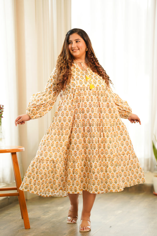 Boho Yellow Cotton Printed Tiered Dress