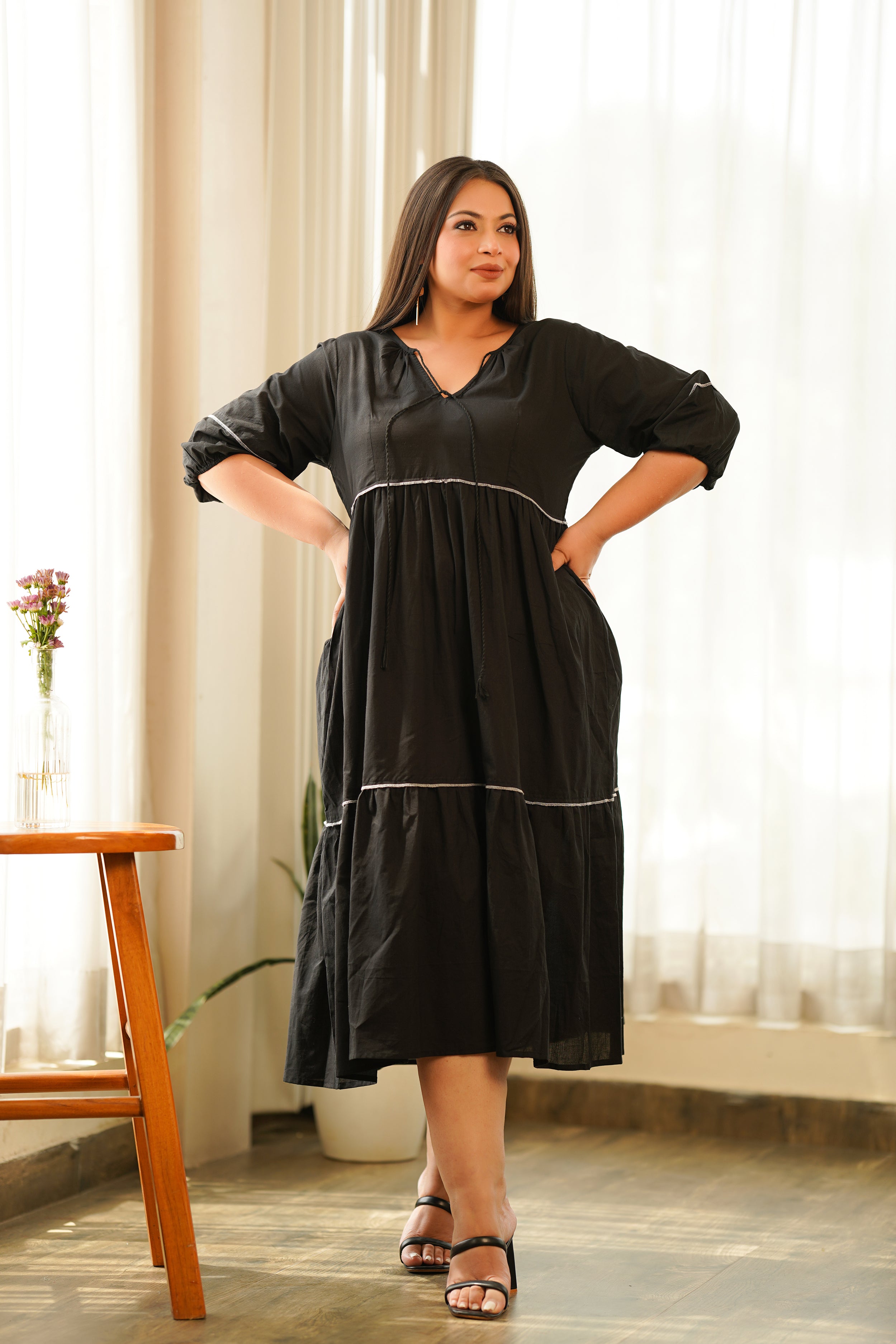 Black Cotton Tiered Dress