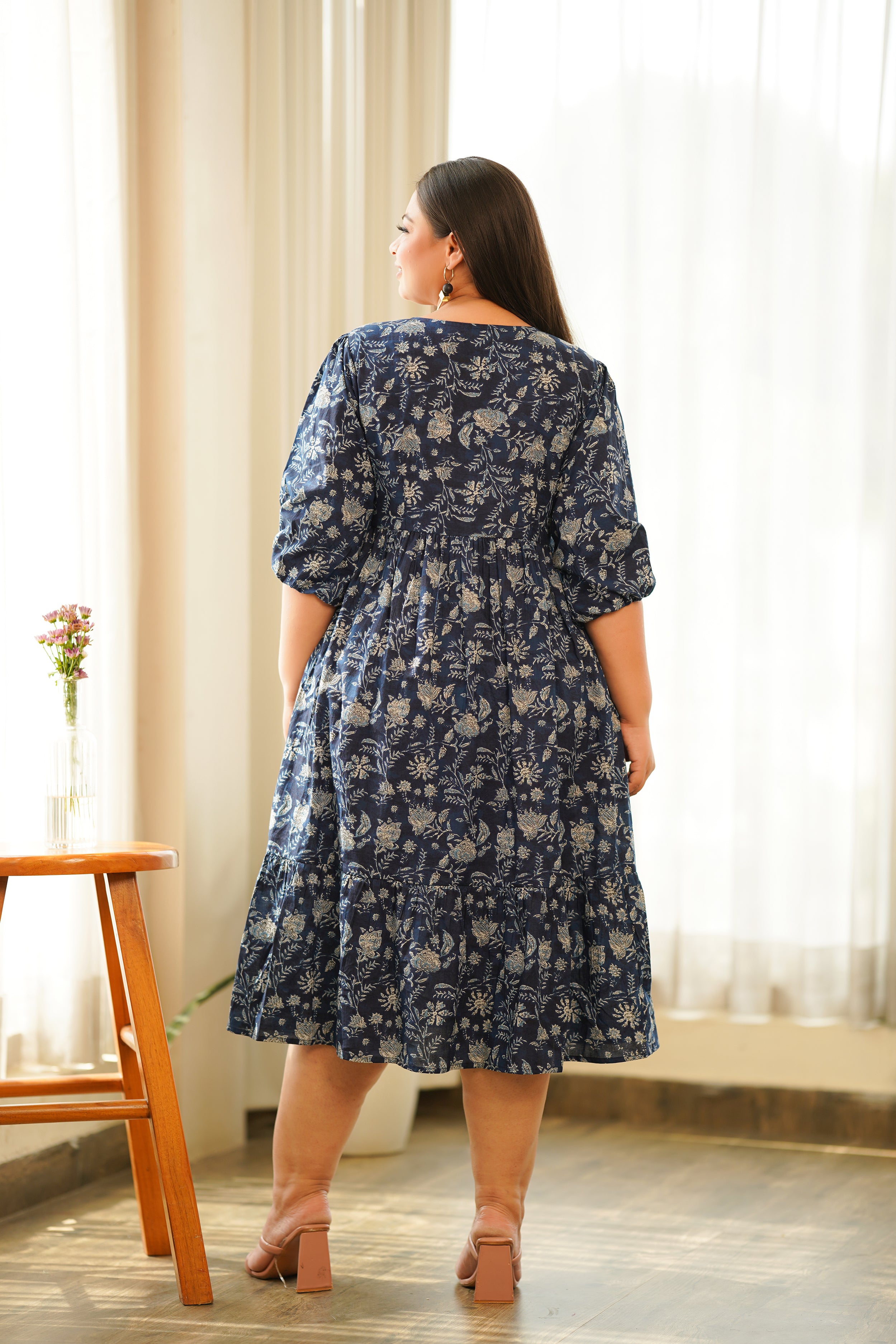 Navy Blue Floral Tiered Dress