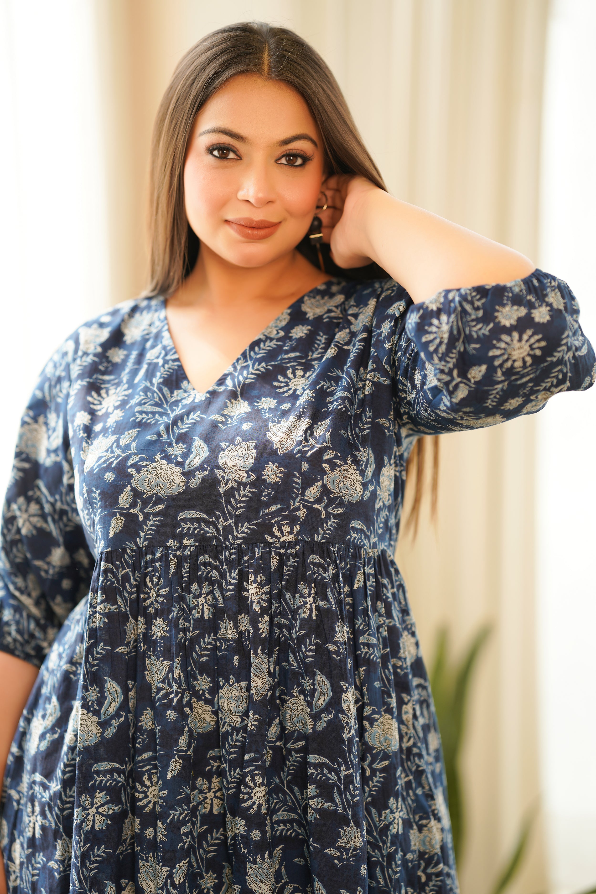 Navy Blue Floral Tiered Dress