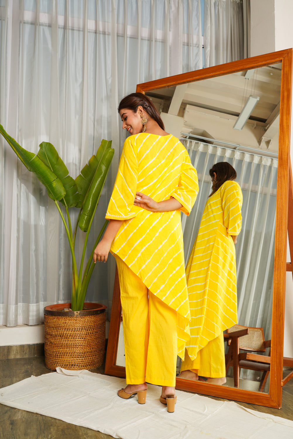 Yellow Leheriya Asymmetric Kurta Set (Set of 2)