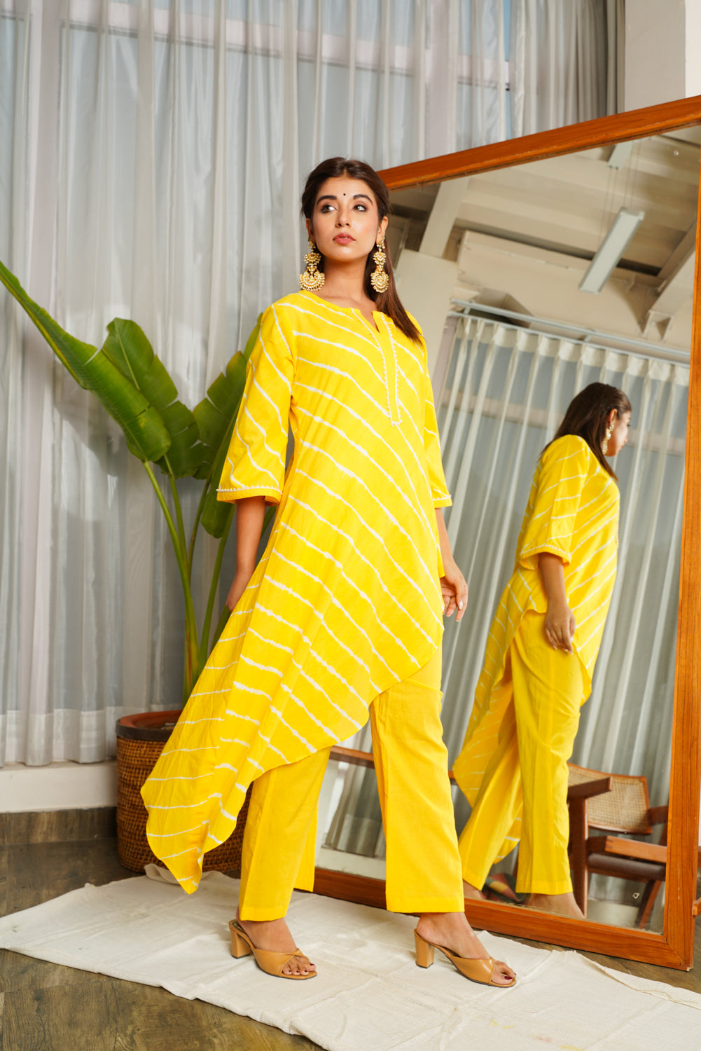 Yellow Leheriya Asymmetric Kurta Set (Set of 2)